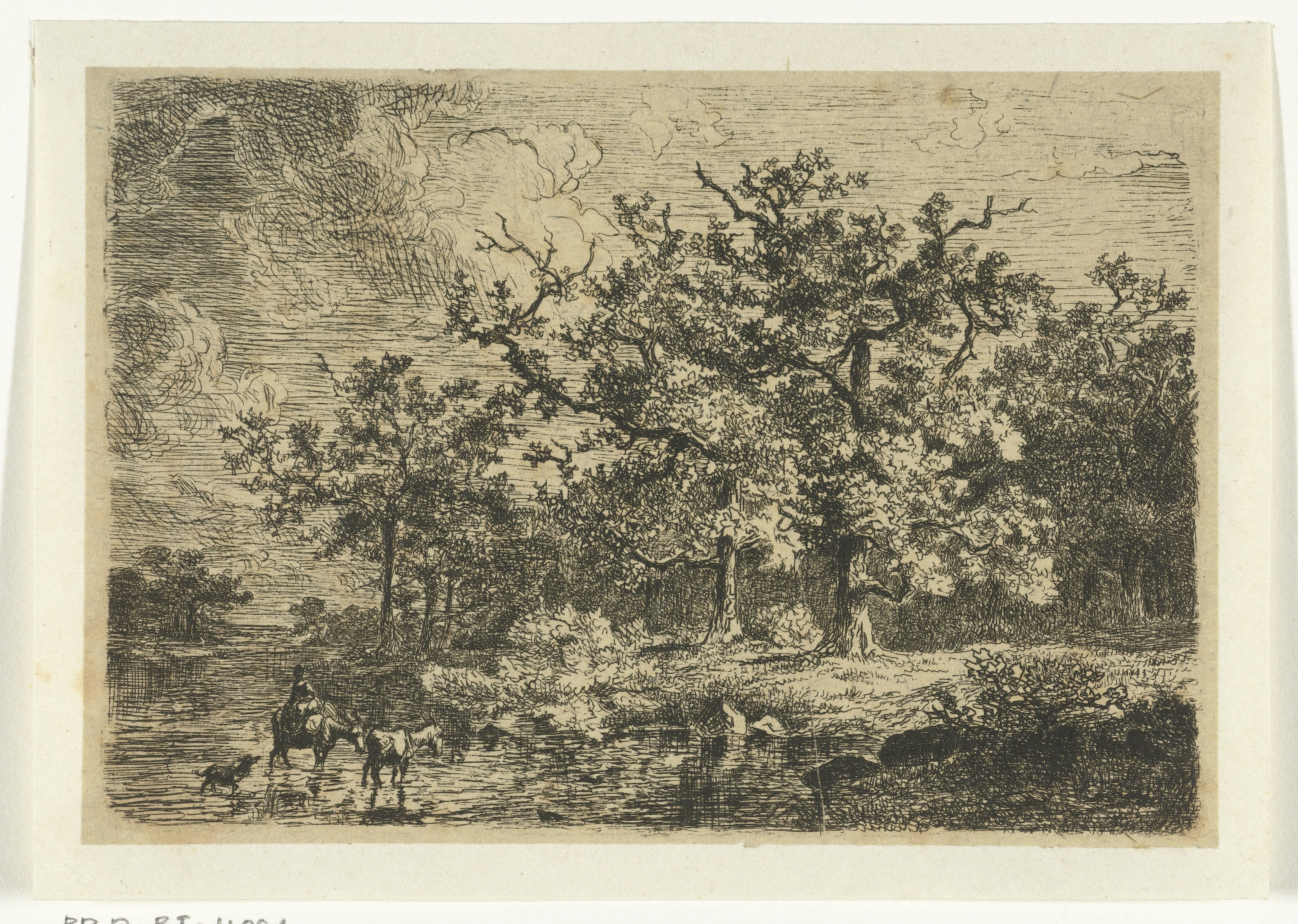 Landschap met bomen en vrouw op ezel in ondiep water