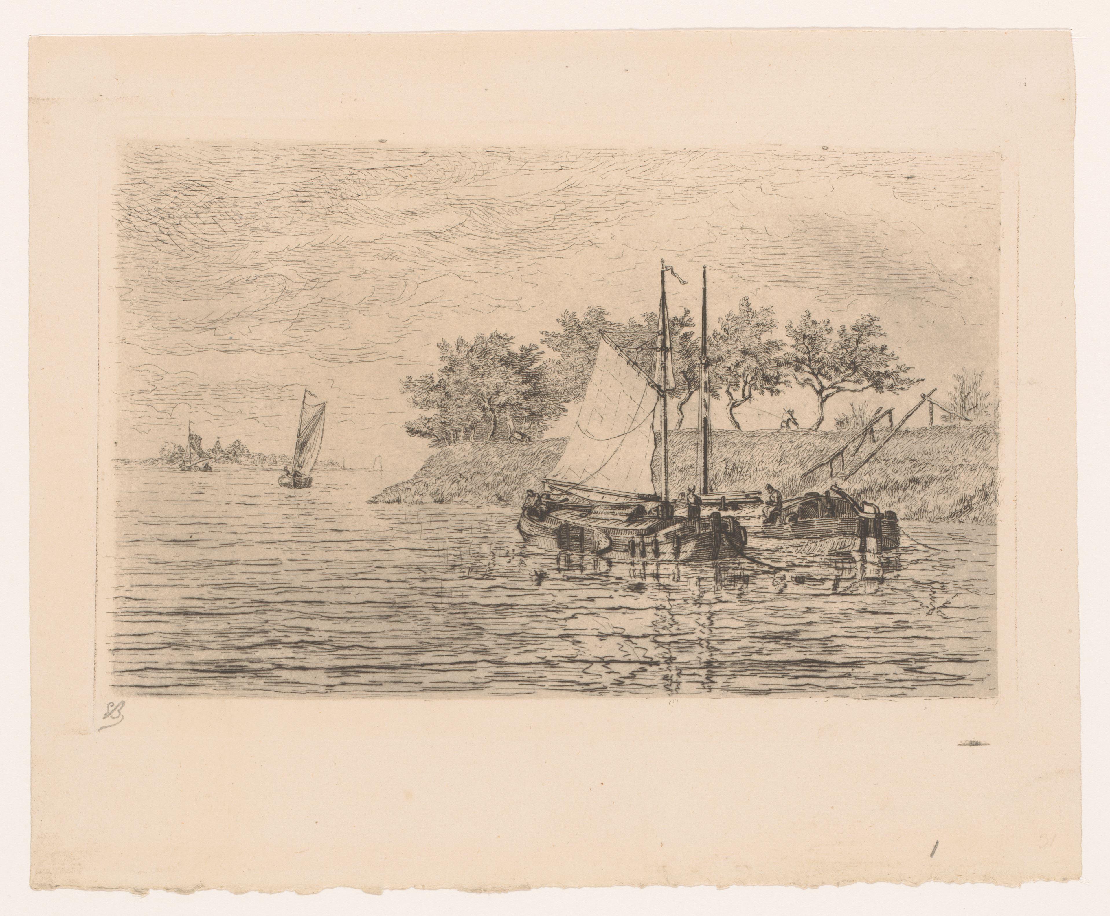 Zeilboten op een rivier, op de dijk staat een man te maaien