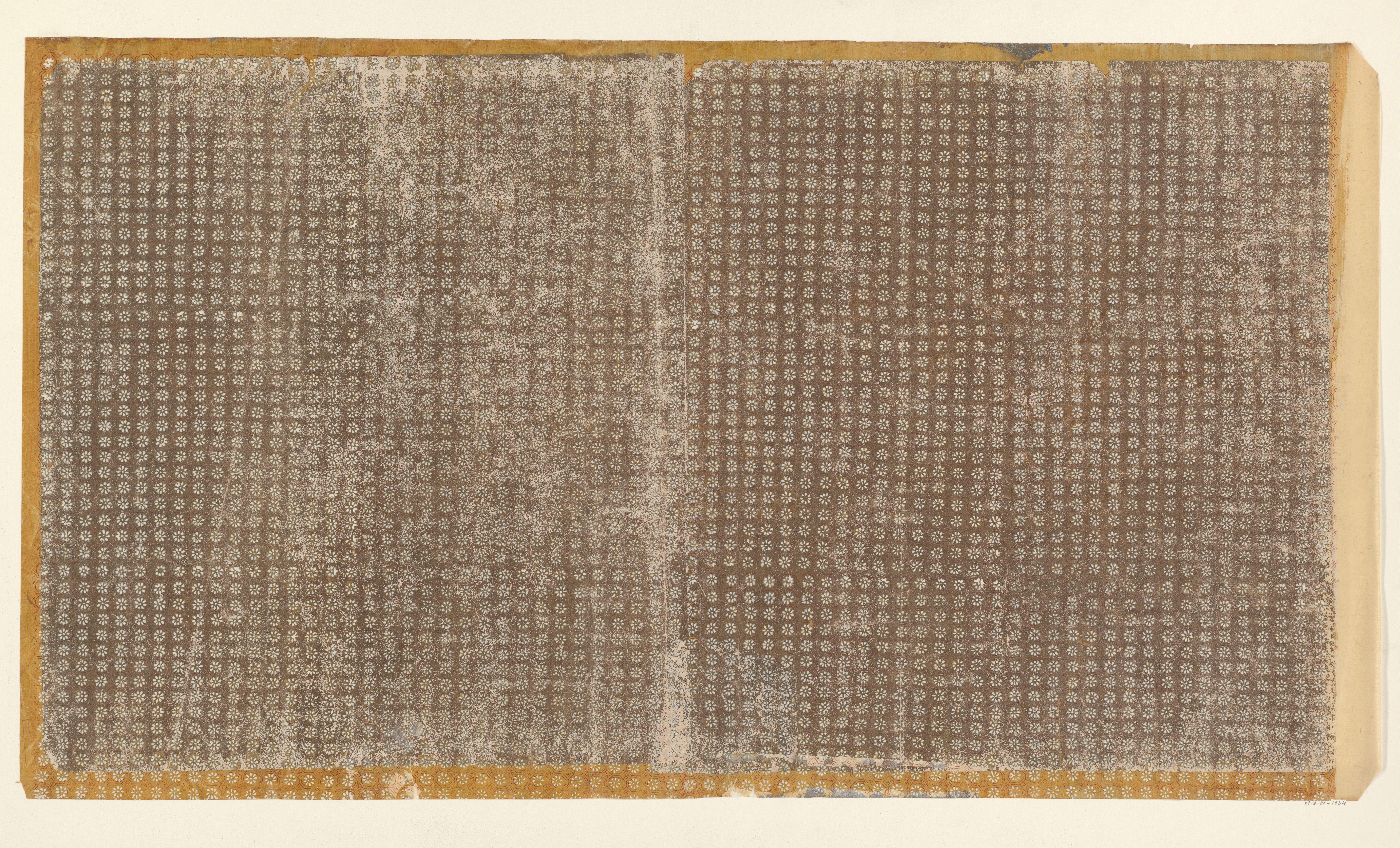 Blad met rasterpatroon van zeshoeken met bloemmotief en swastika (één van zes identieke bladen)