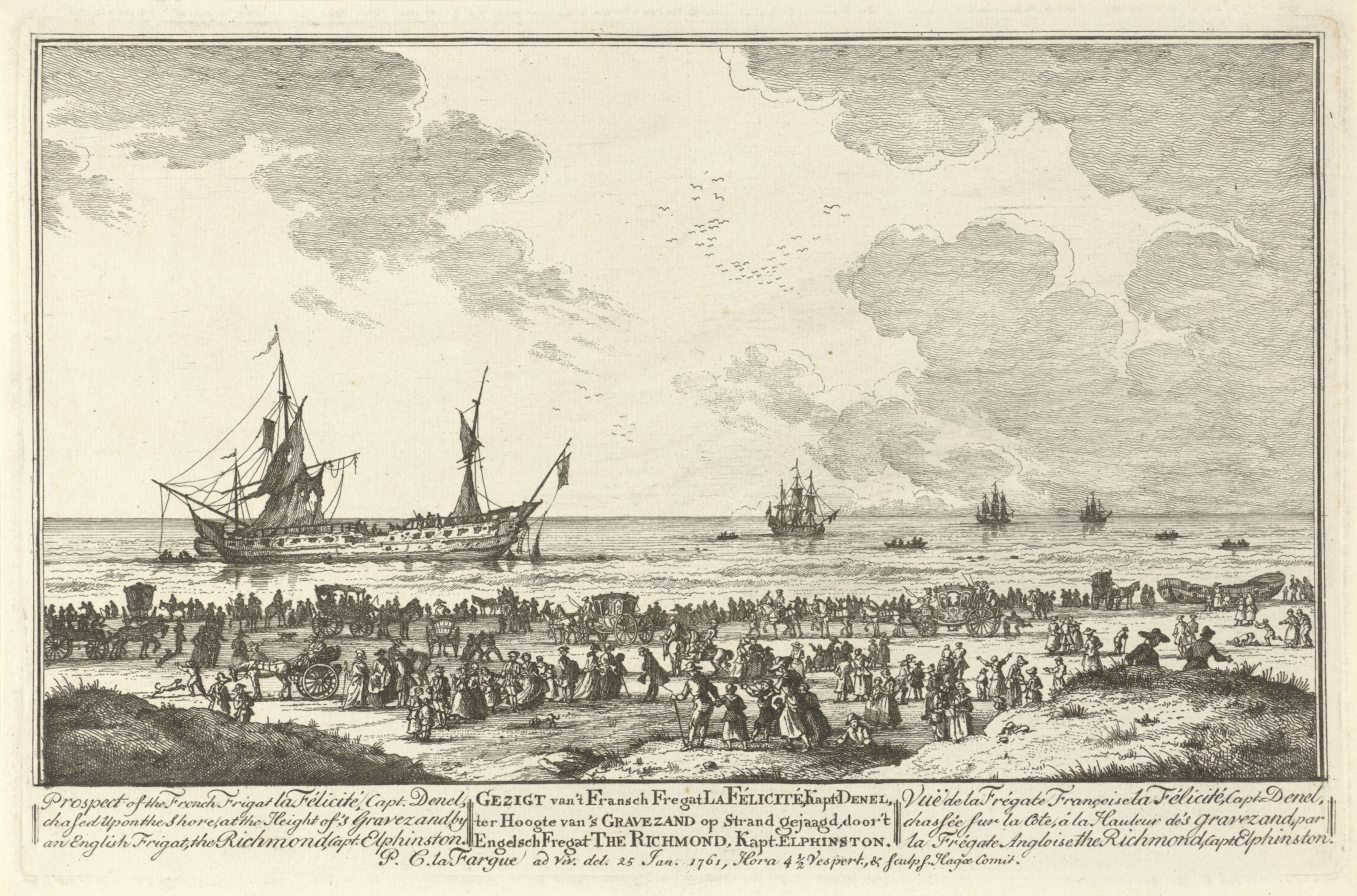 Franse fregat La Félicité door een Engels fregat op het strand gejaagd, 1761
