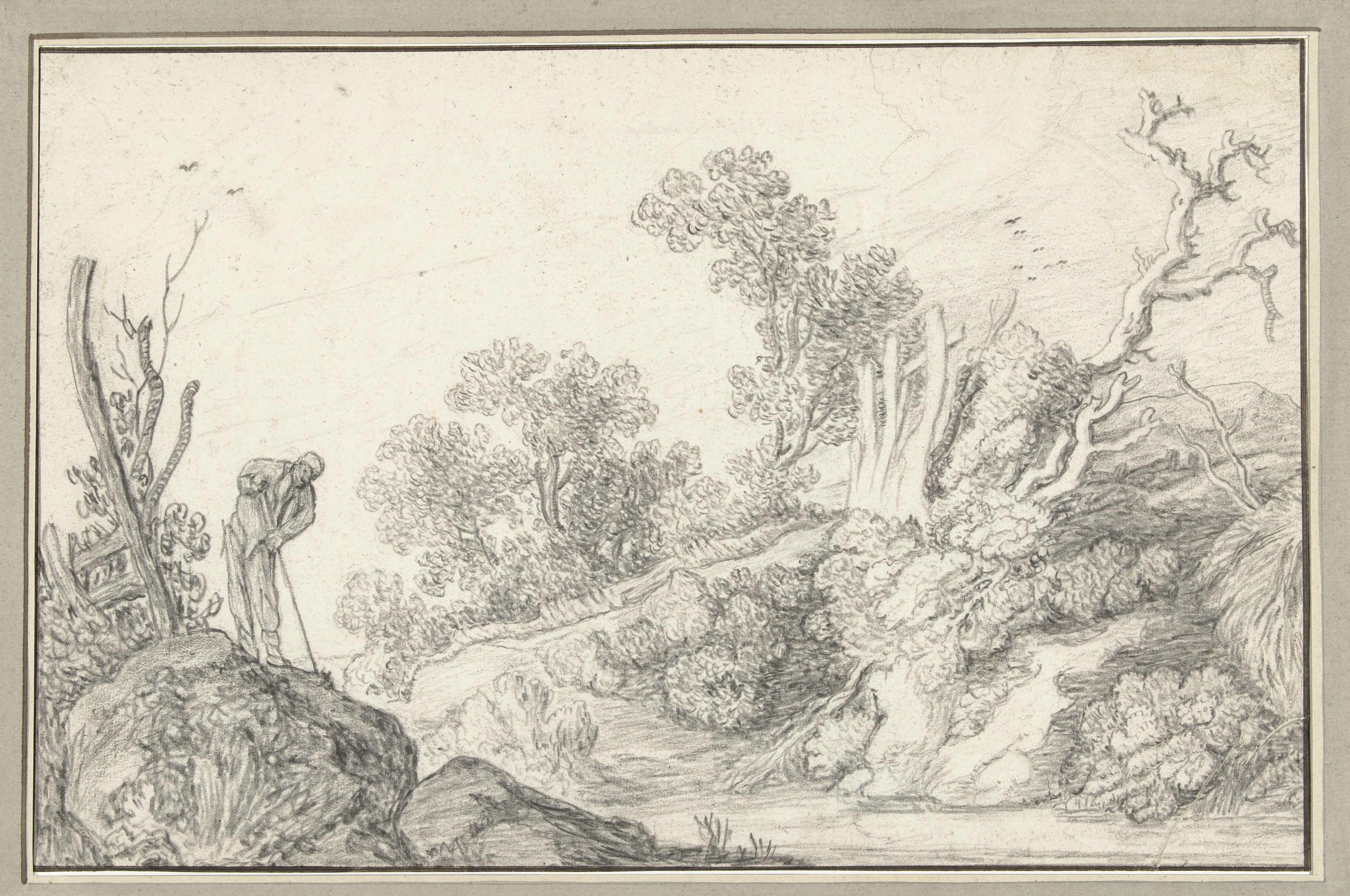 Landschap met kale boom en man met stok