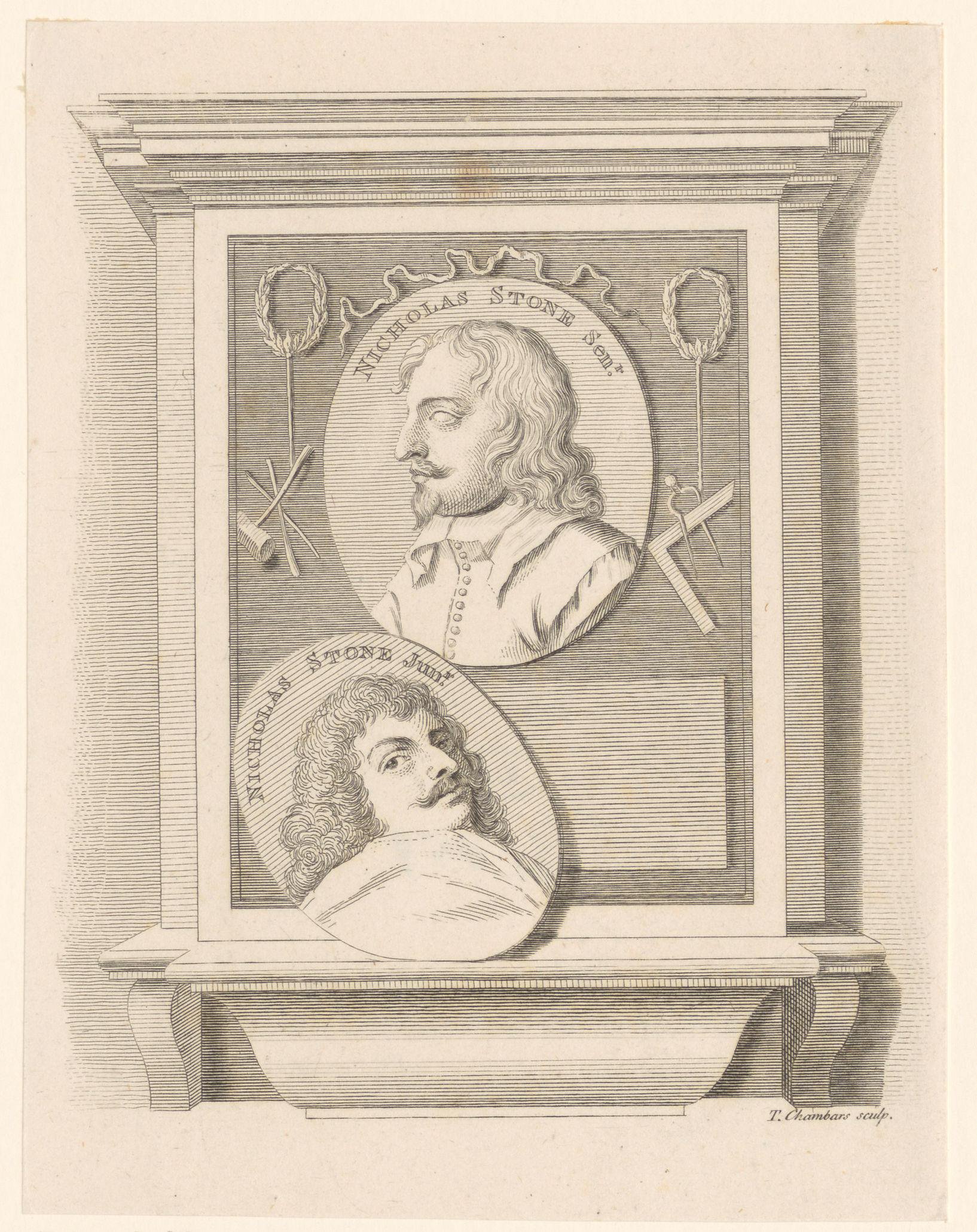 Twee portretten van Nicholas Stone (I) en Nicholas Stone (II) in twee medaillons