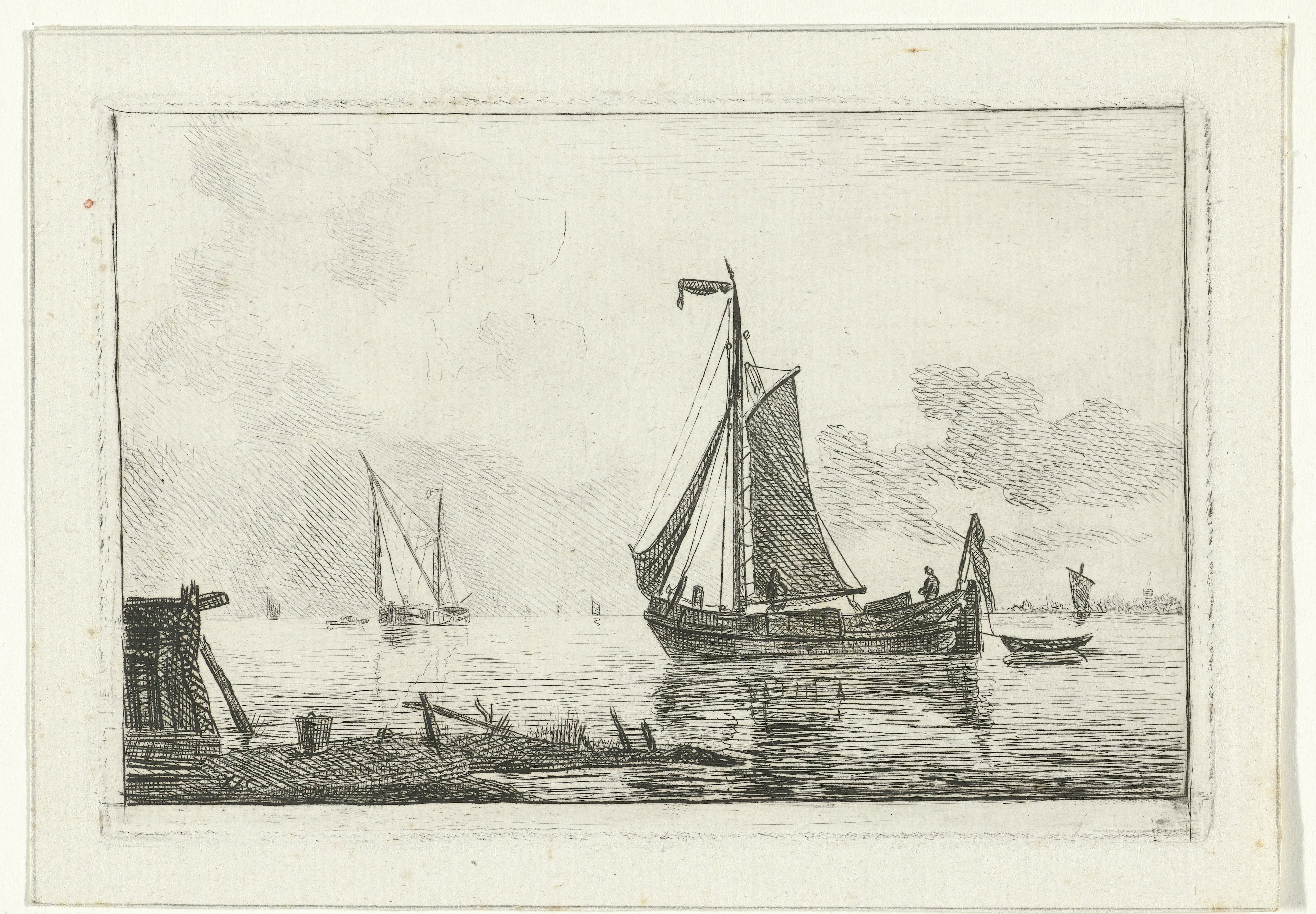 Riviergezicht met zeilschip