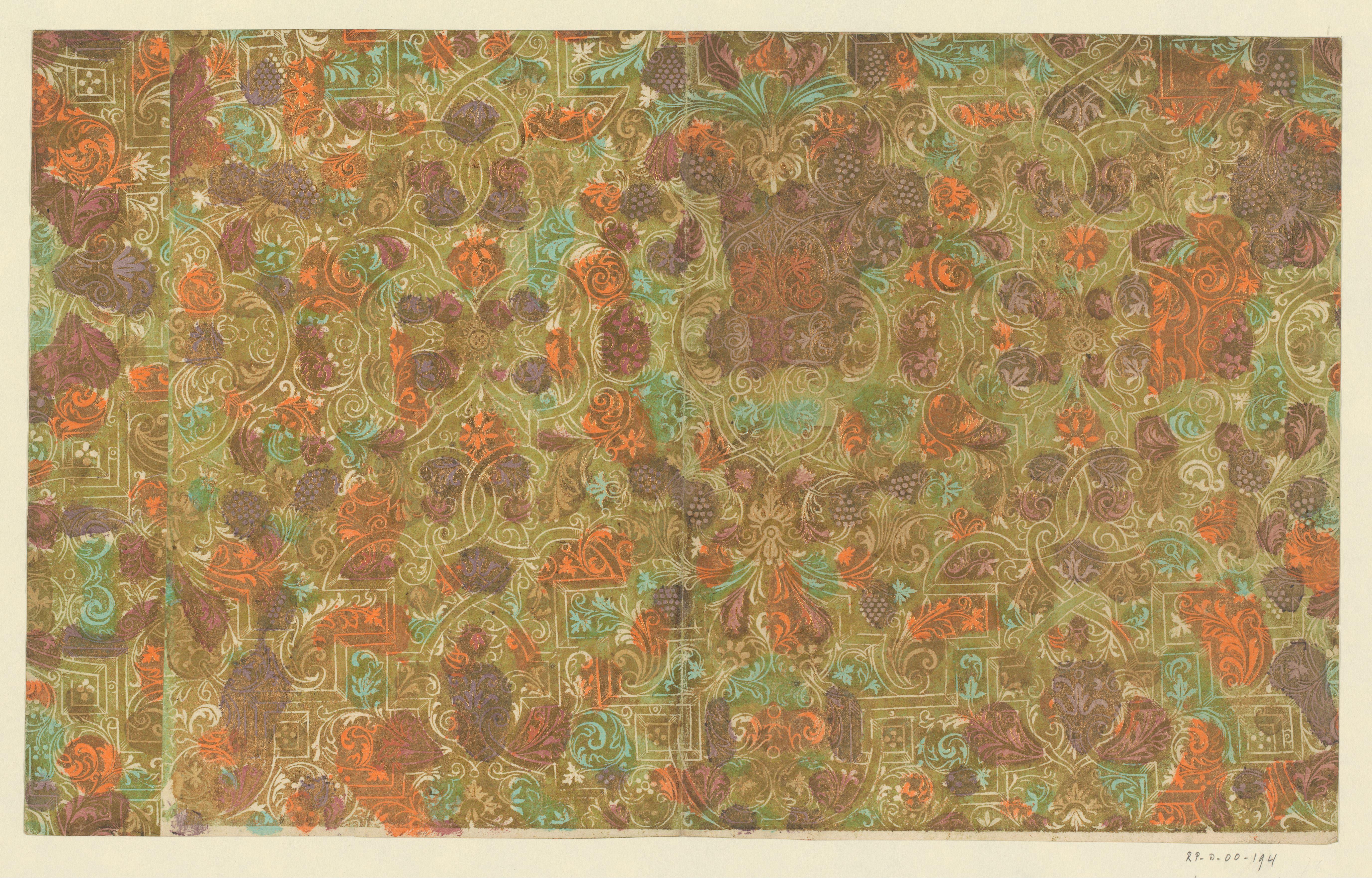 Blad met Lodewijk XIV-ornament, bandwerk, ranken met vruchten