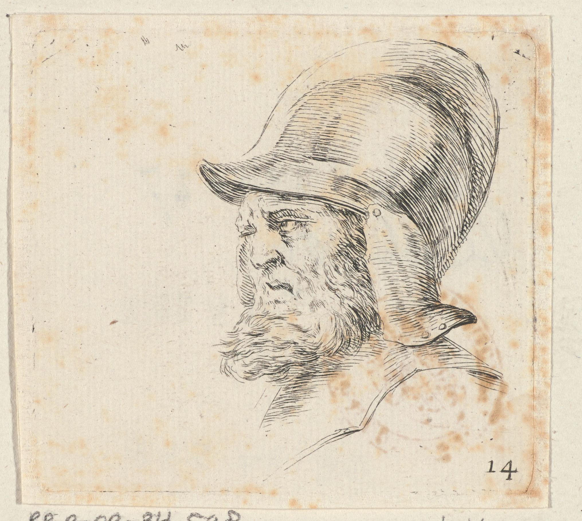 Hoofd van een soldaat met baard en helm, naar links gewend