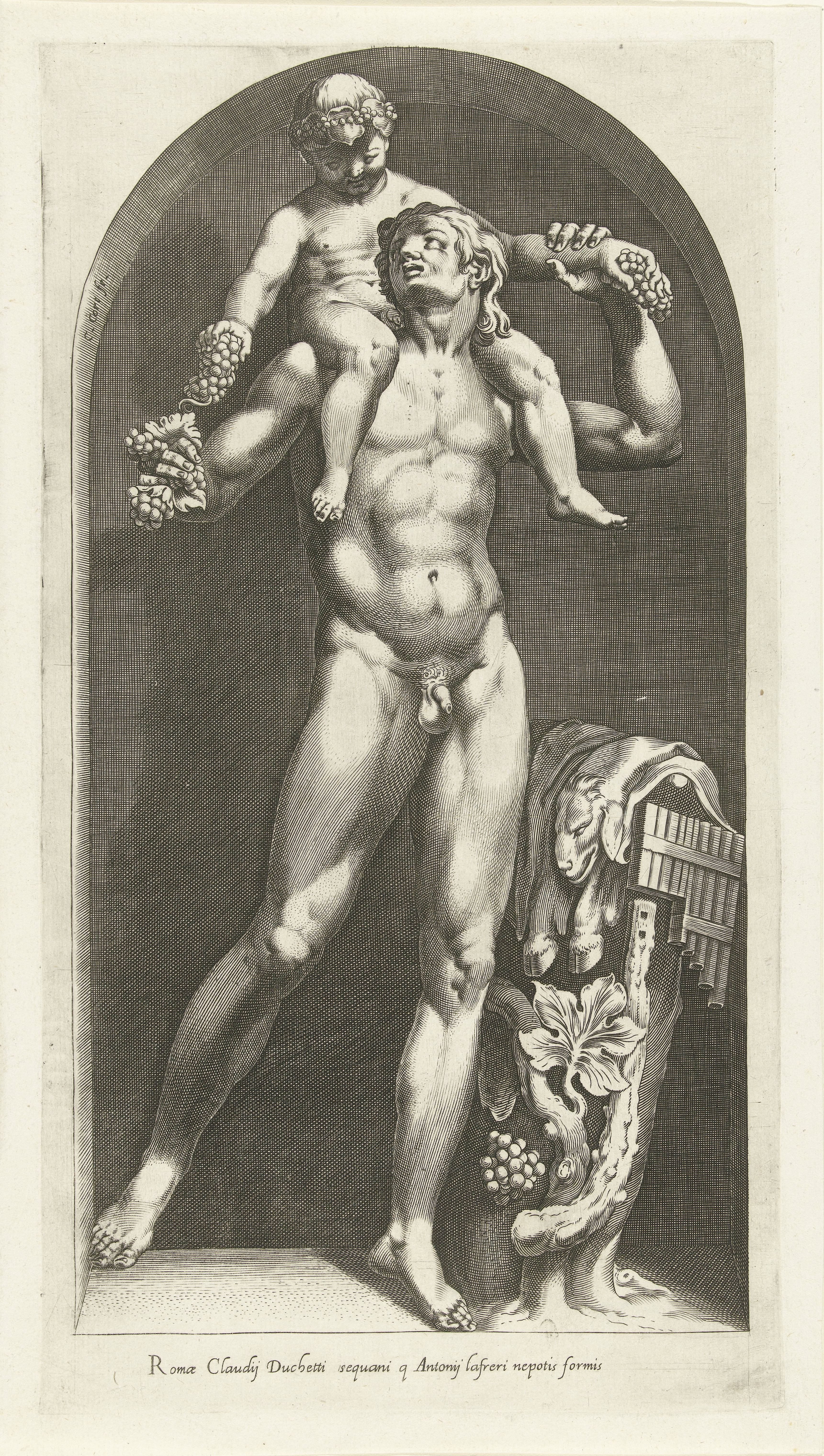 Beeld van een faun met Bacchus op zijn schouders