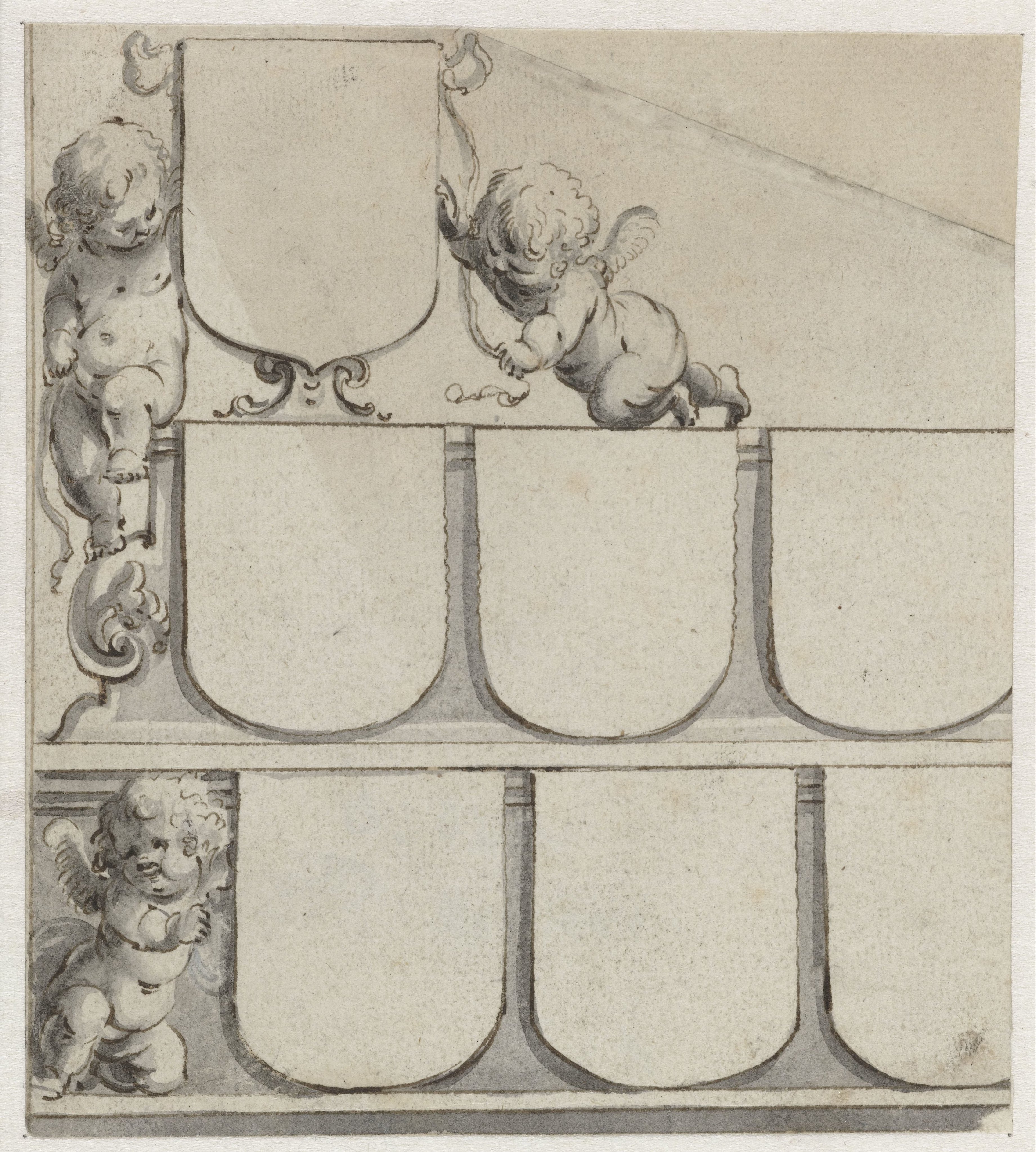 Drie putti met zeven blanco wapenschilden