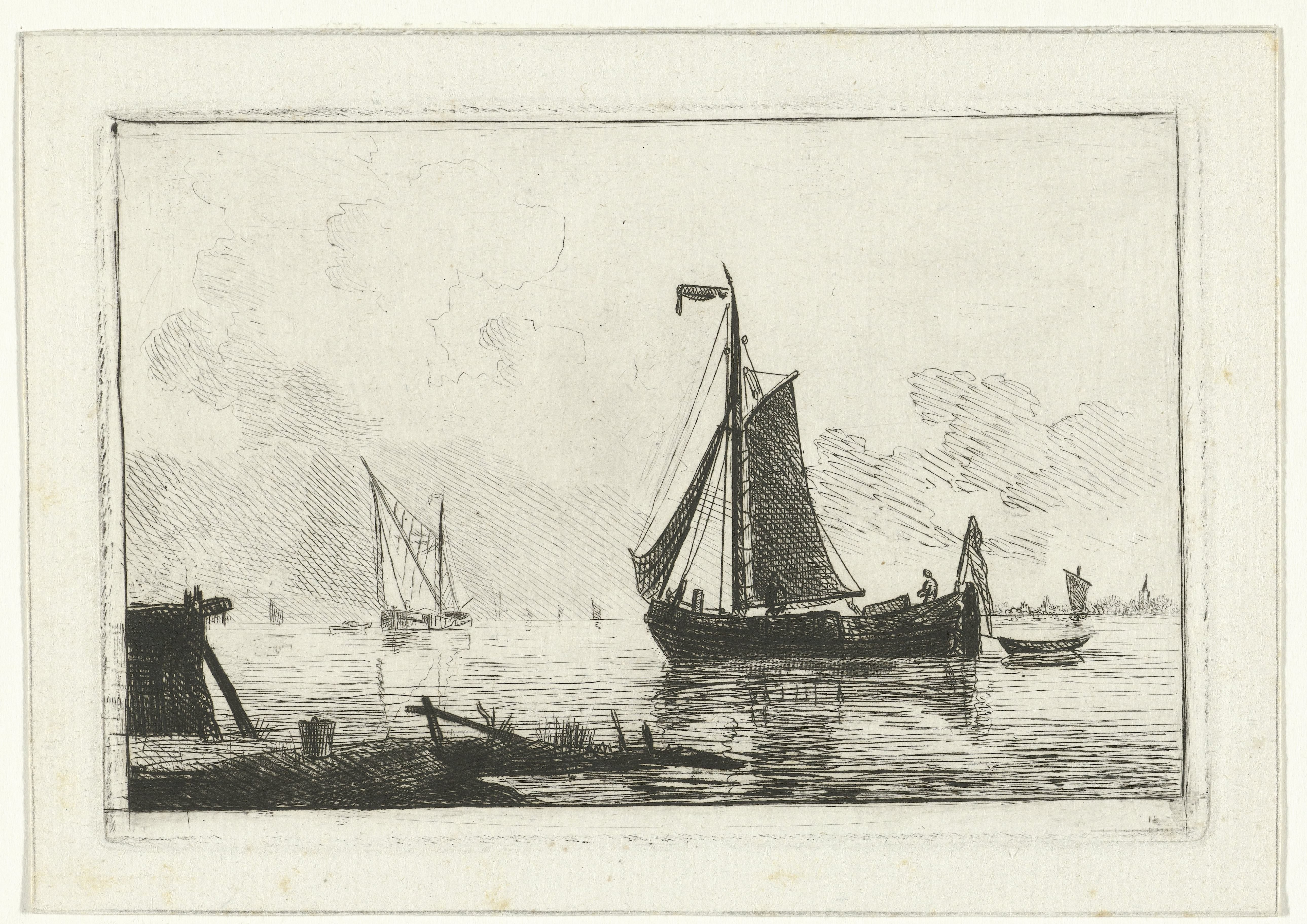 Riviergezicht met zeilschip