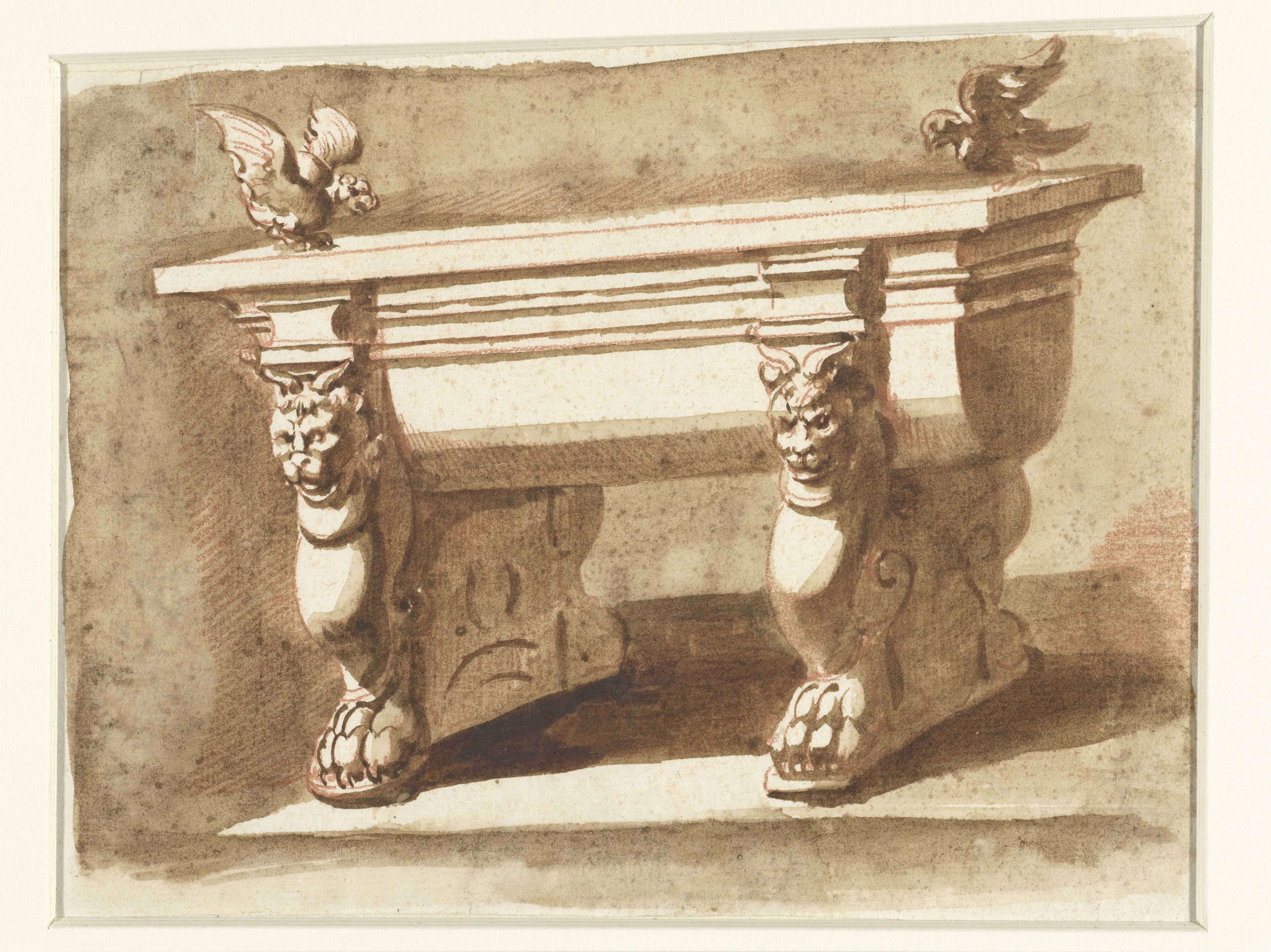Antieke tafel op trapezophoren in de vorm van leeuwen met hoorns