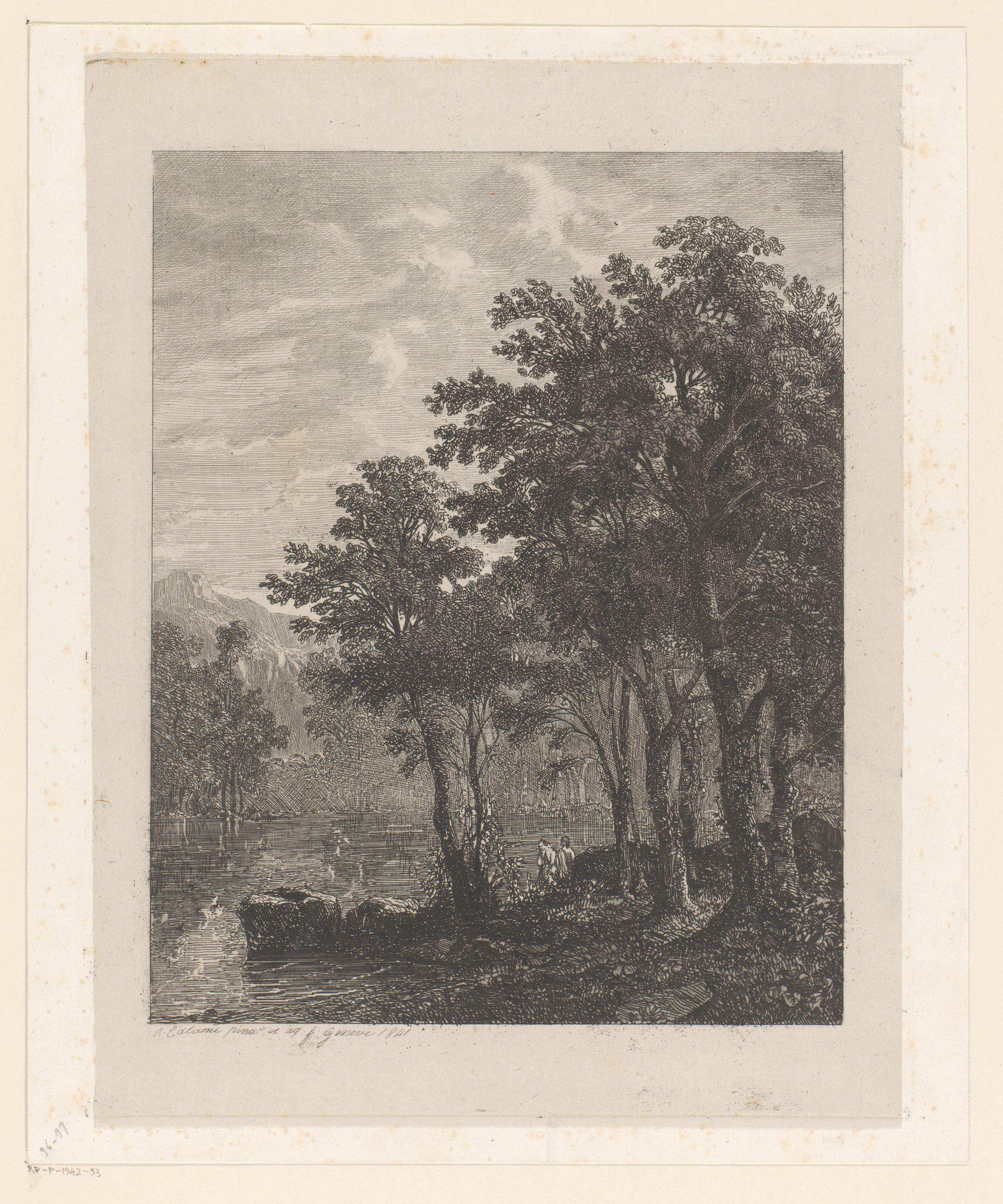 Berglandschap met loofbomen en twee figuren aan een meer