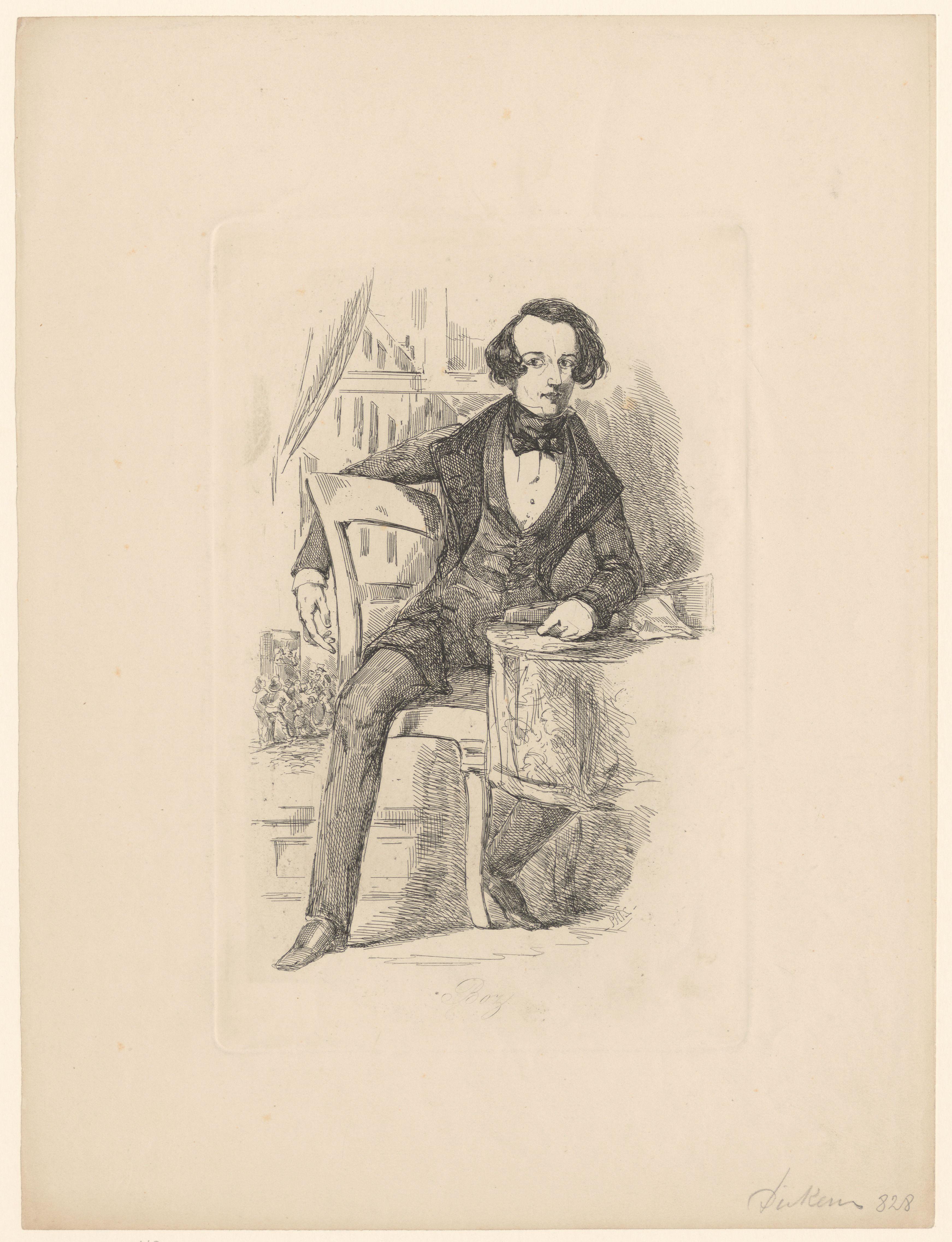 Portret van Charles Dickens, zittend aan een bureau bij een raam