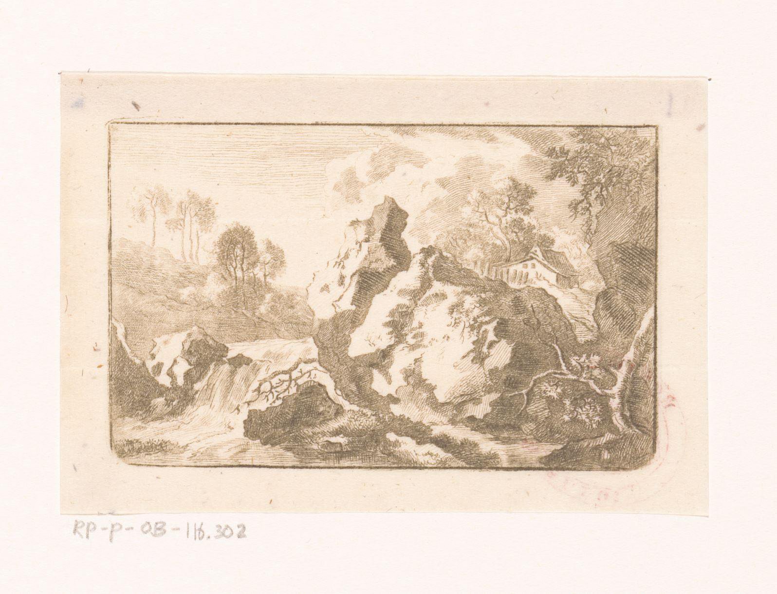 Rotsachtig landschap met waterval en hut