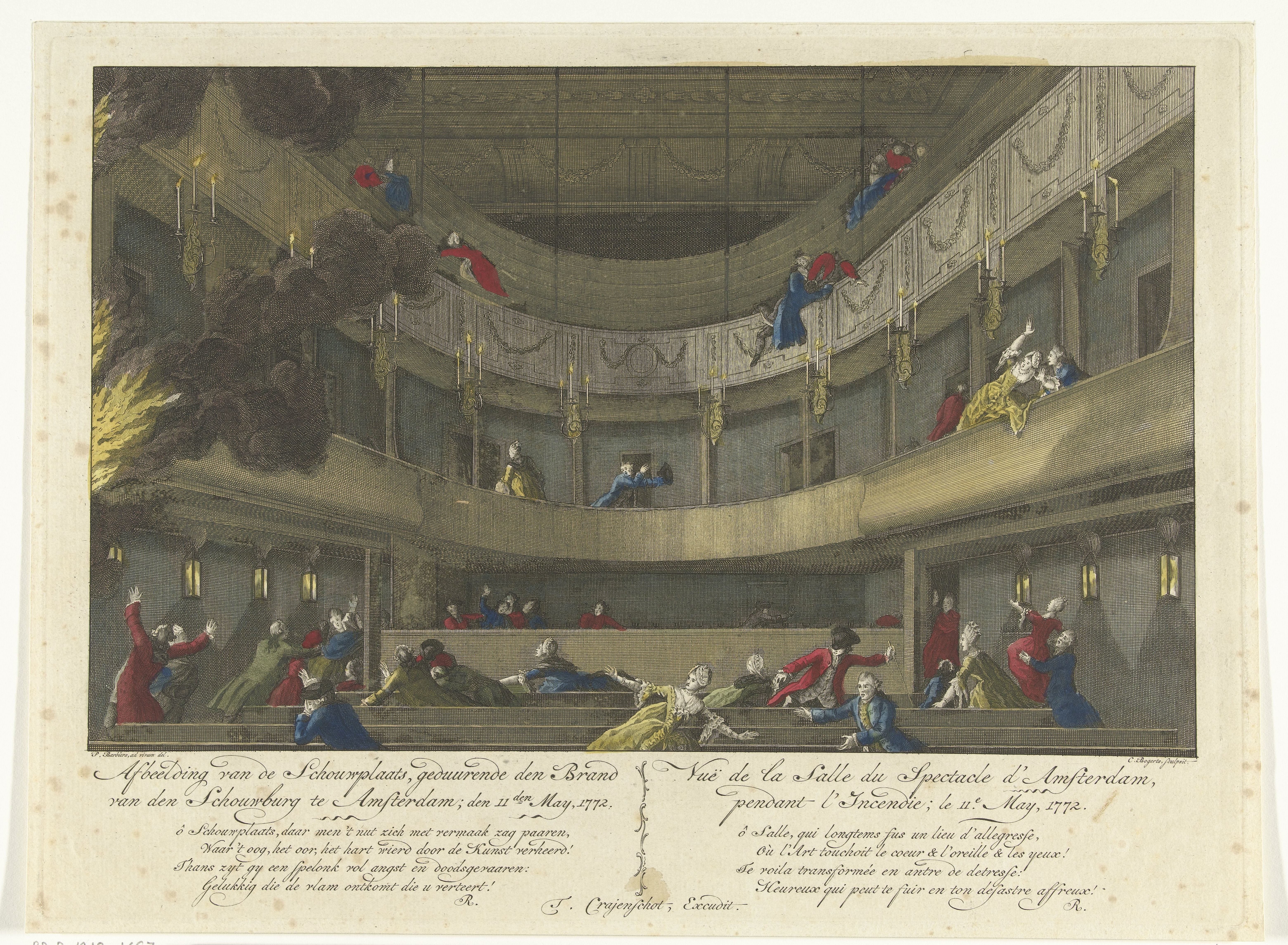 Zaal van de schouwburg aan de Keizersgracht te Amsterdam bij het uitbreken van de brand, 1772