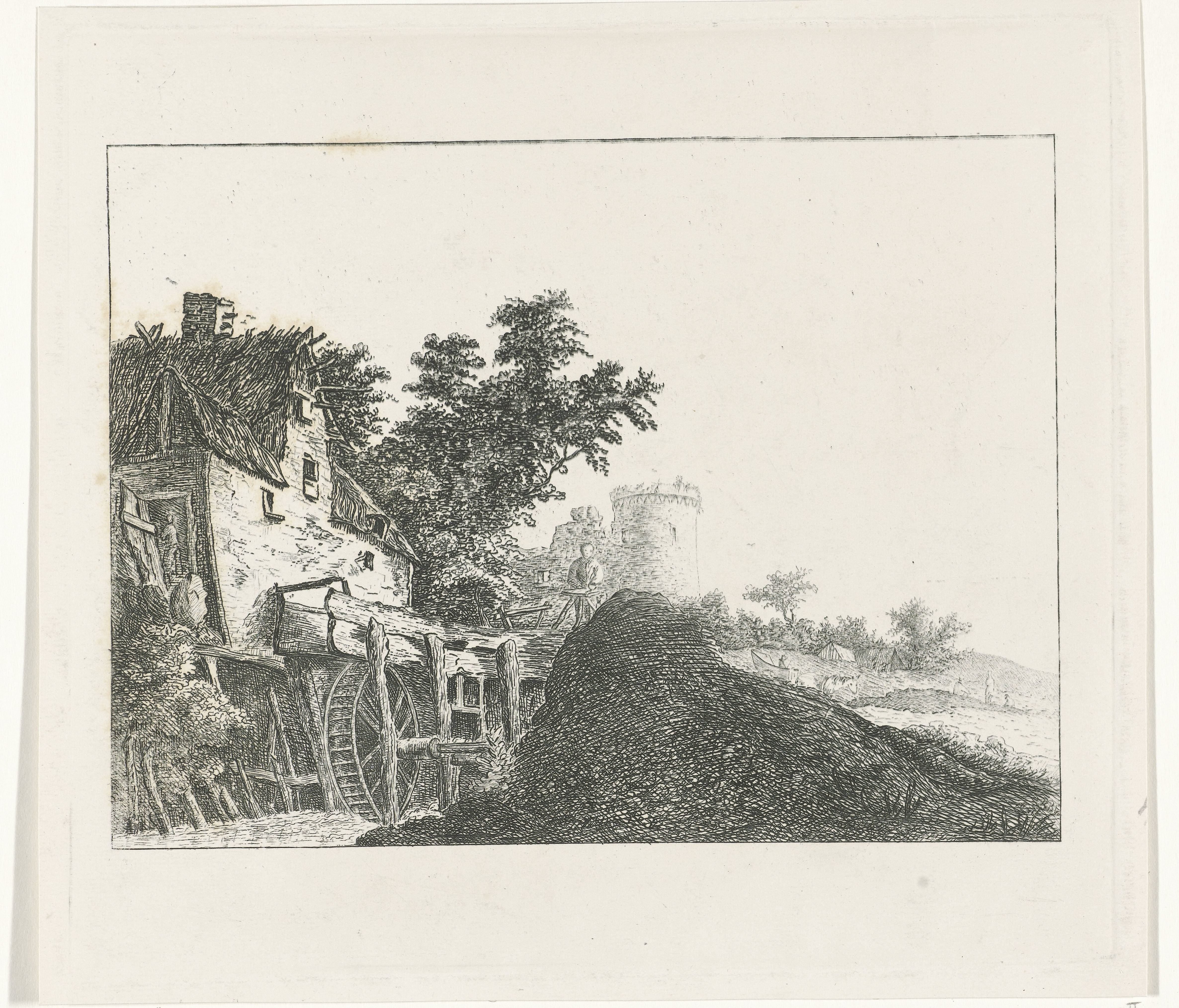 Landschap met watermolen en toren