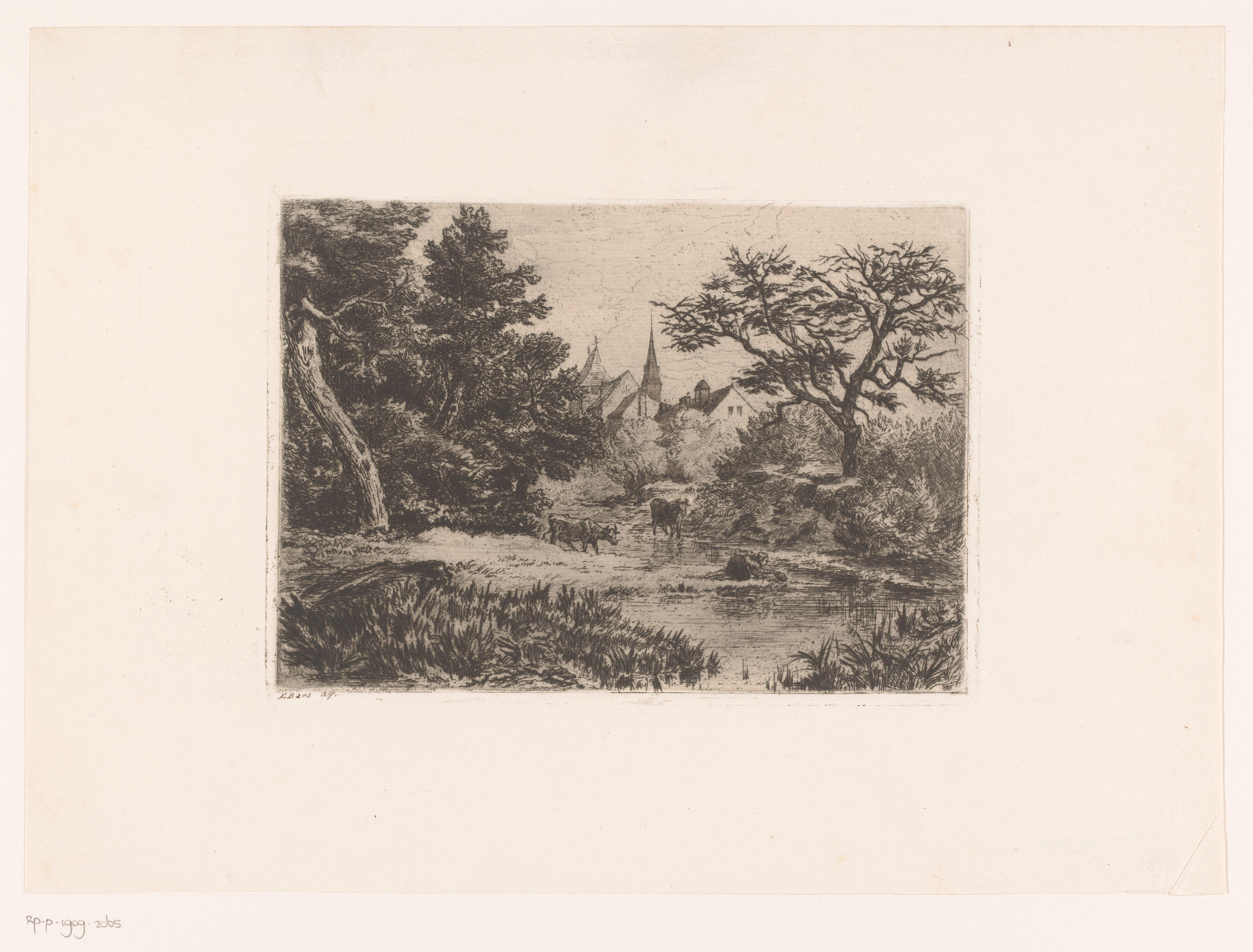 Landschap met een vrouw die water uit de beek schept