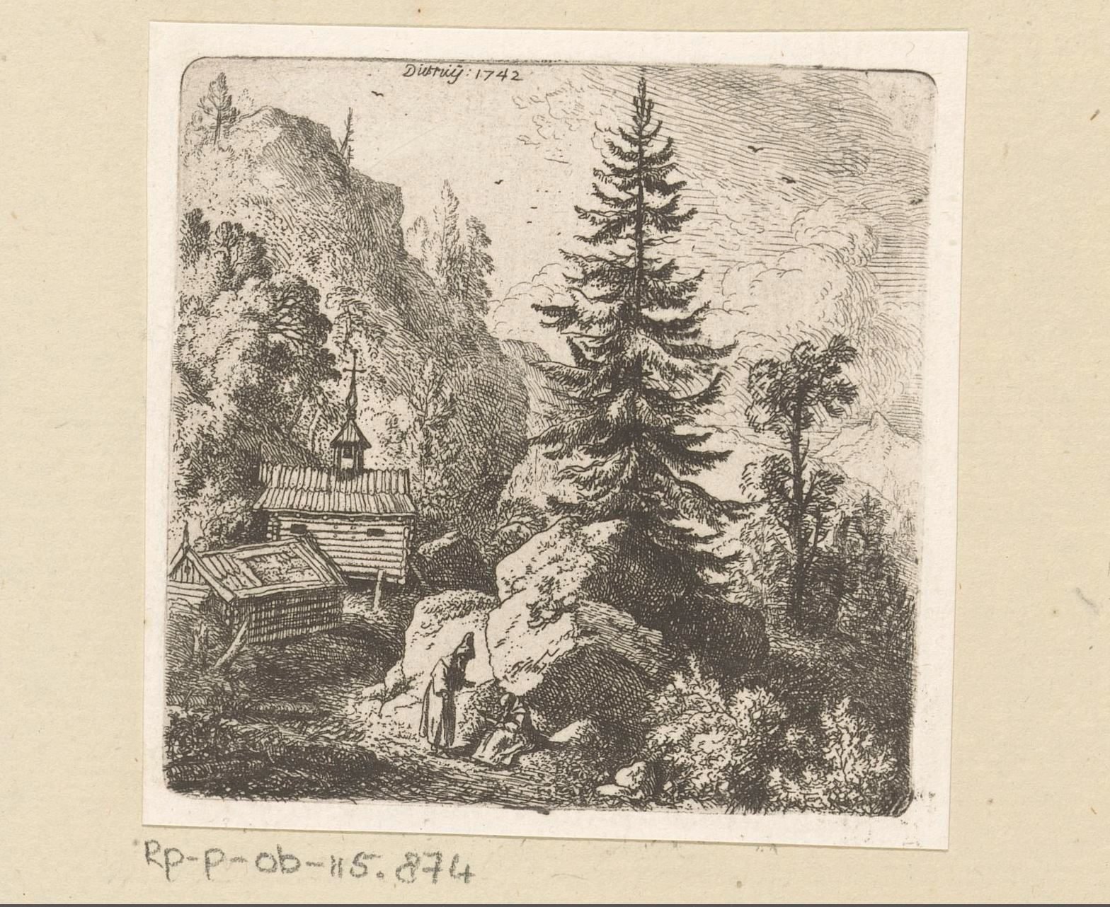Berglandschap met spar en kerk