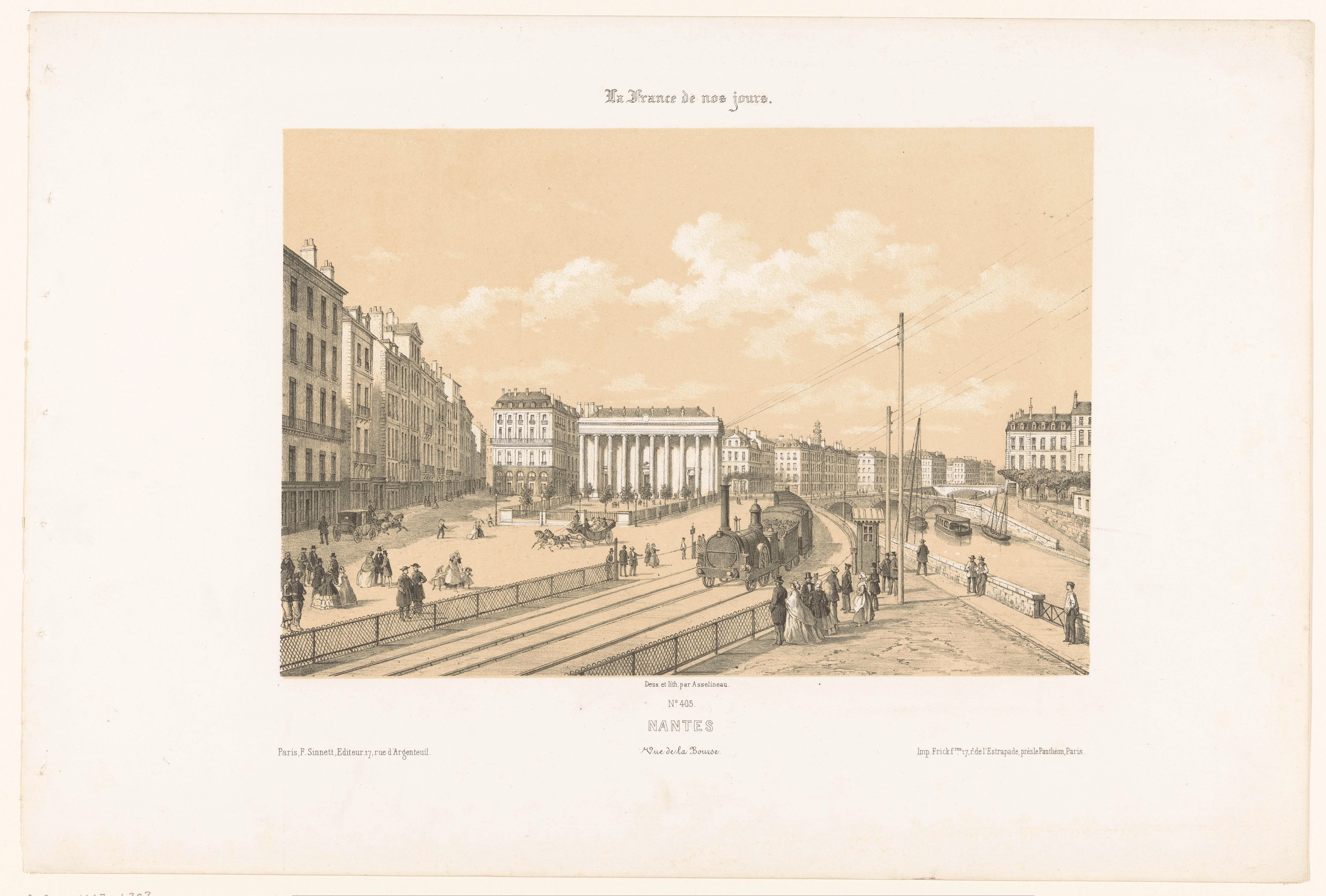 Zicht op een trein en het Palais de la Bourse in Nantes