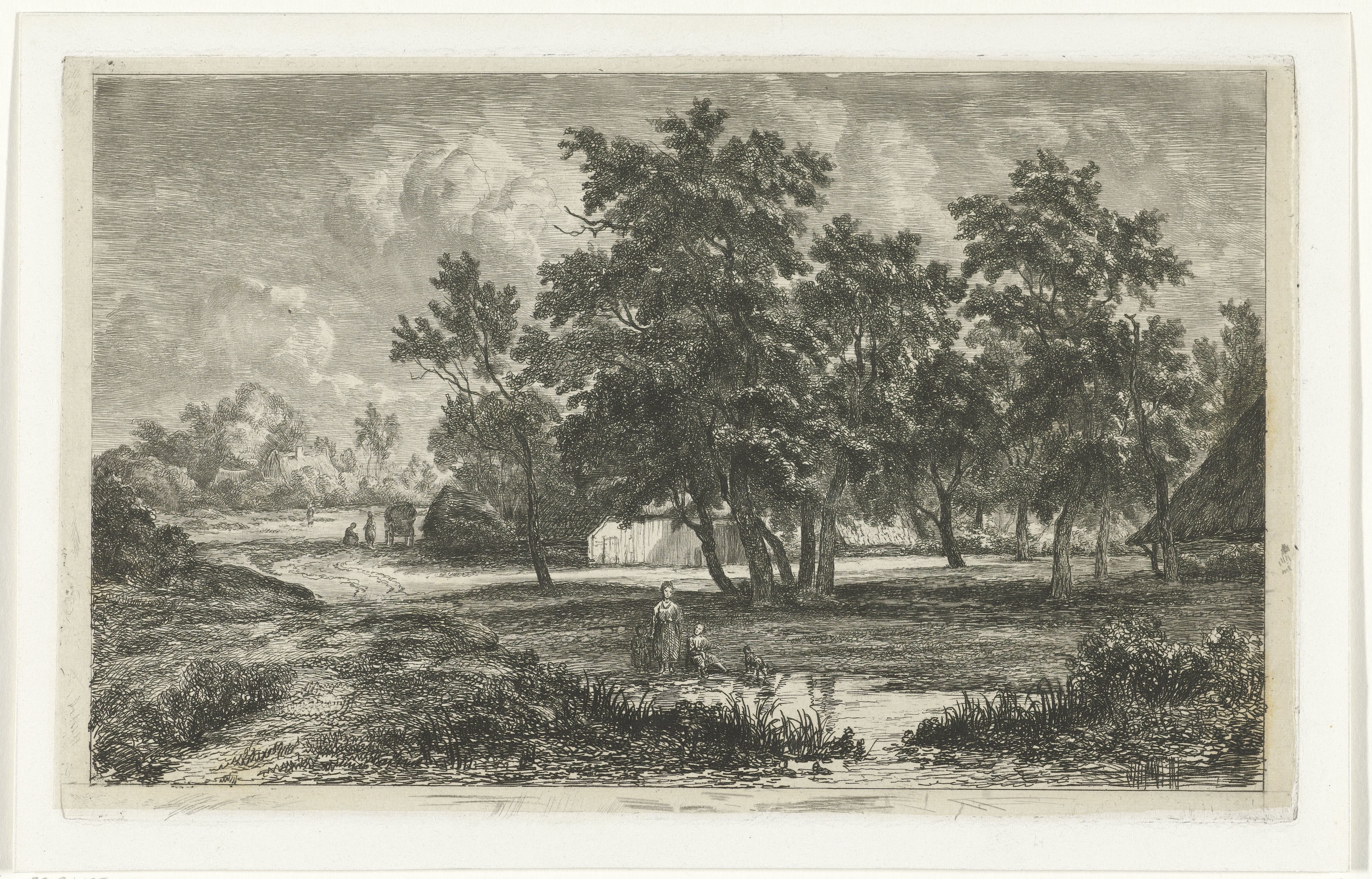 Landschap met boerderij tussen de bomen
