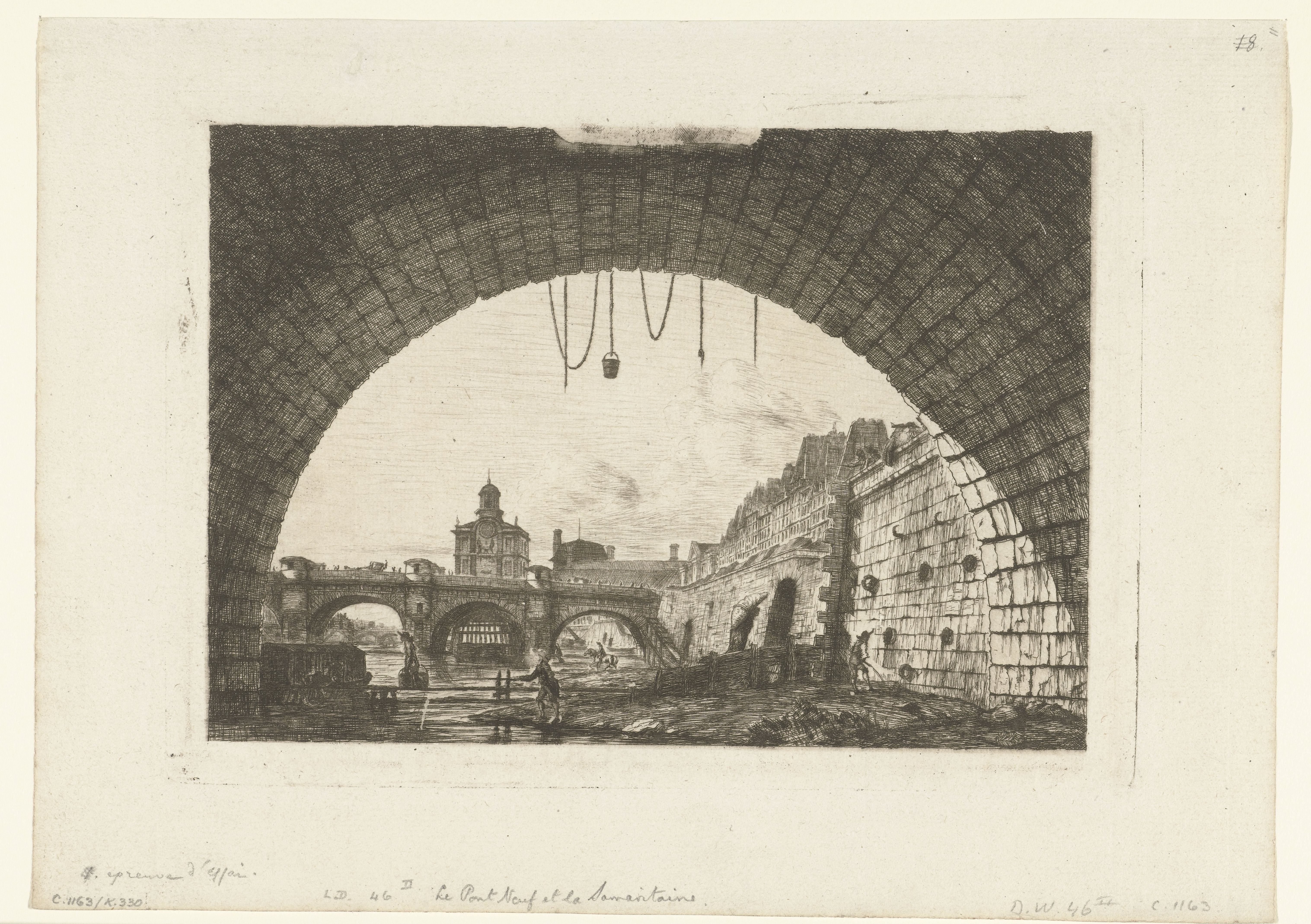Gezicht op Pont-Neuf van onder boog Pont-au-Change in Parijs