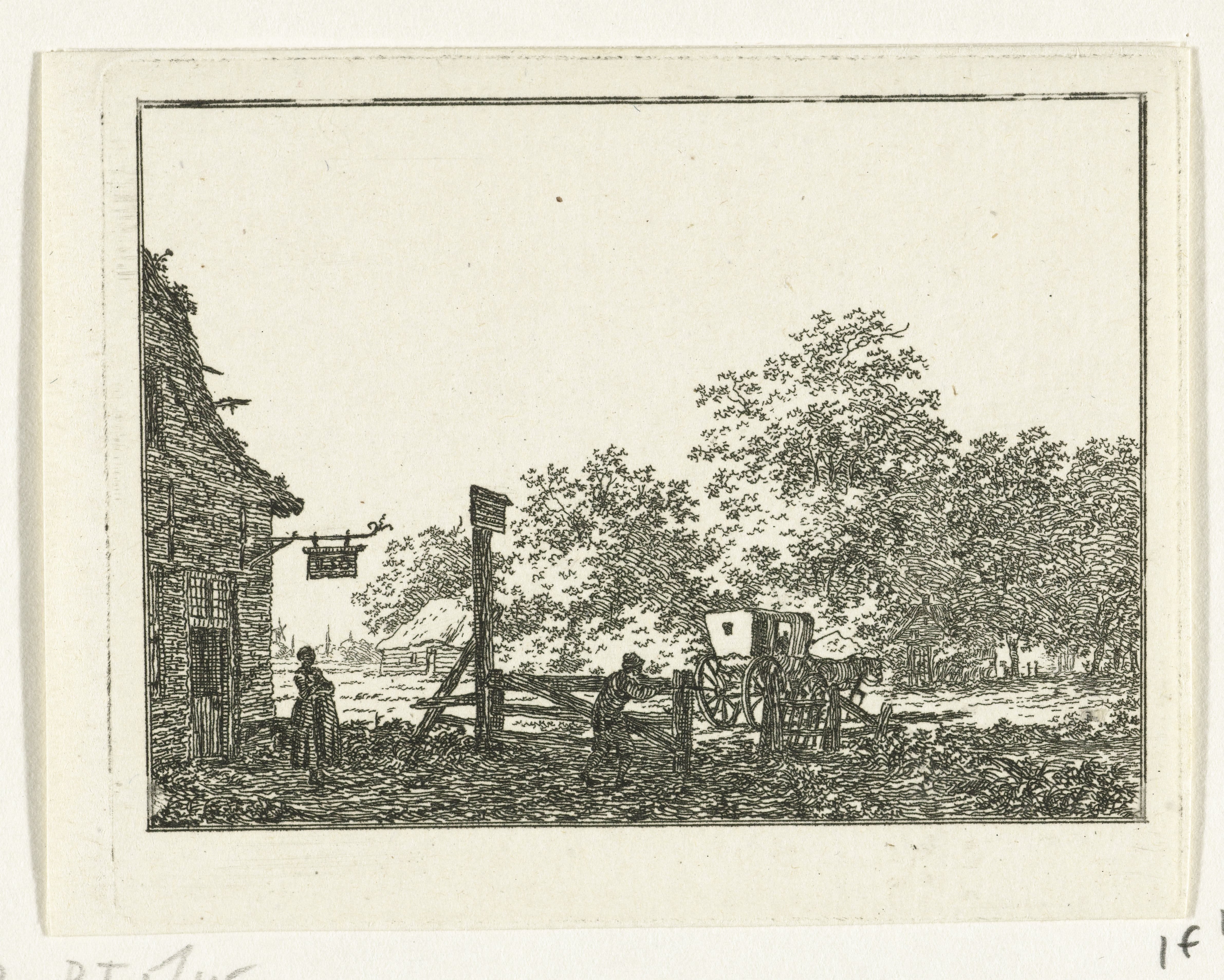 Landschap met wagen voor herberg