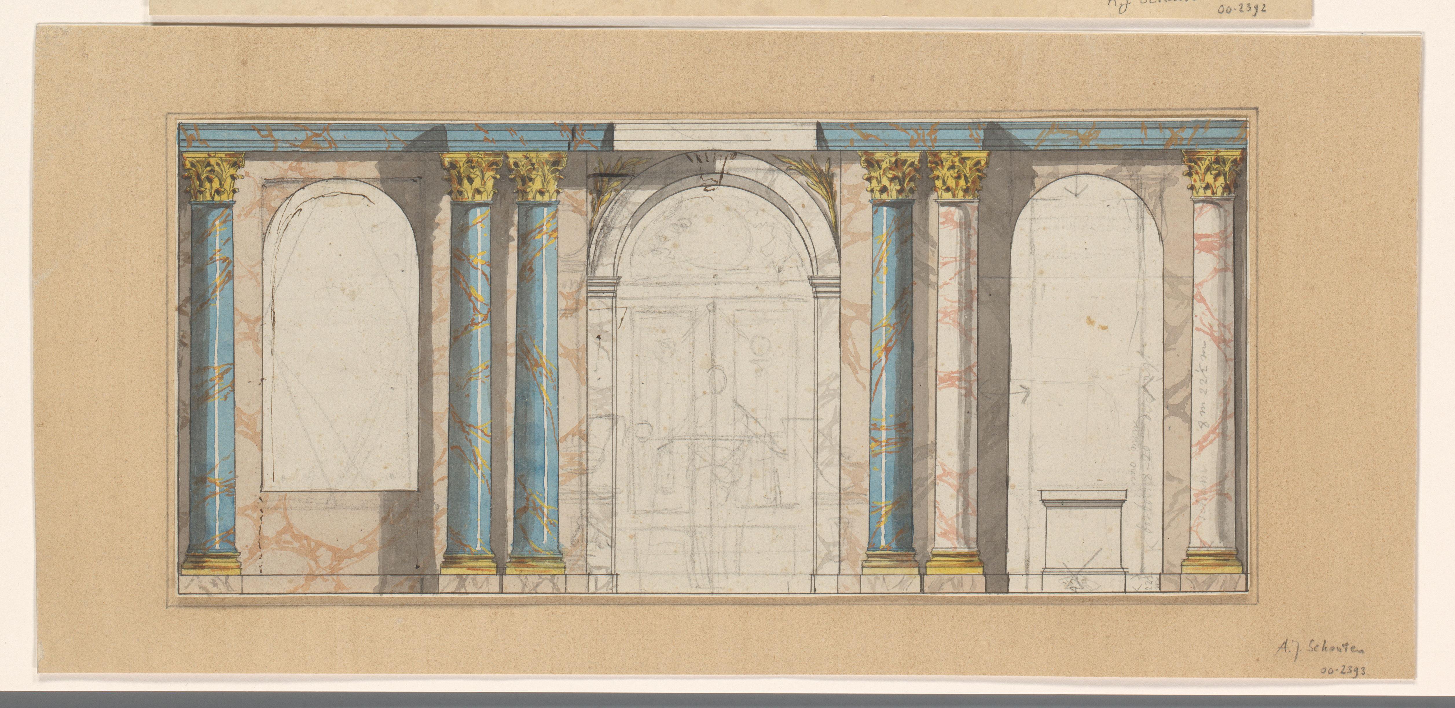 Ontwerp voor een wanddecoratie met gemarmerde Korinthische zuilen
