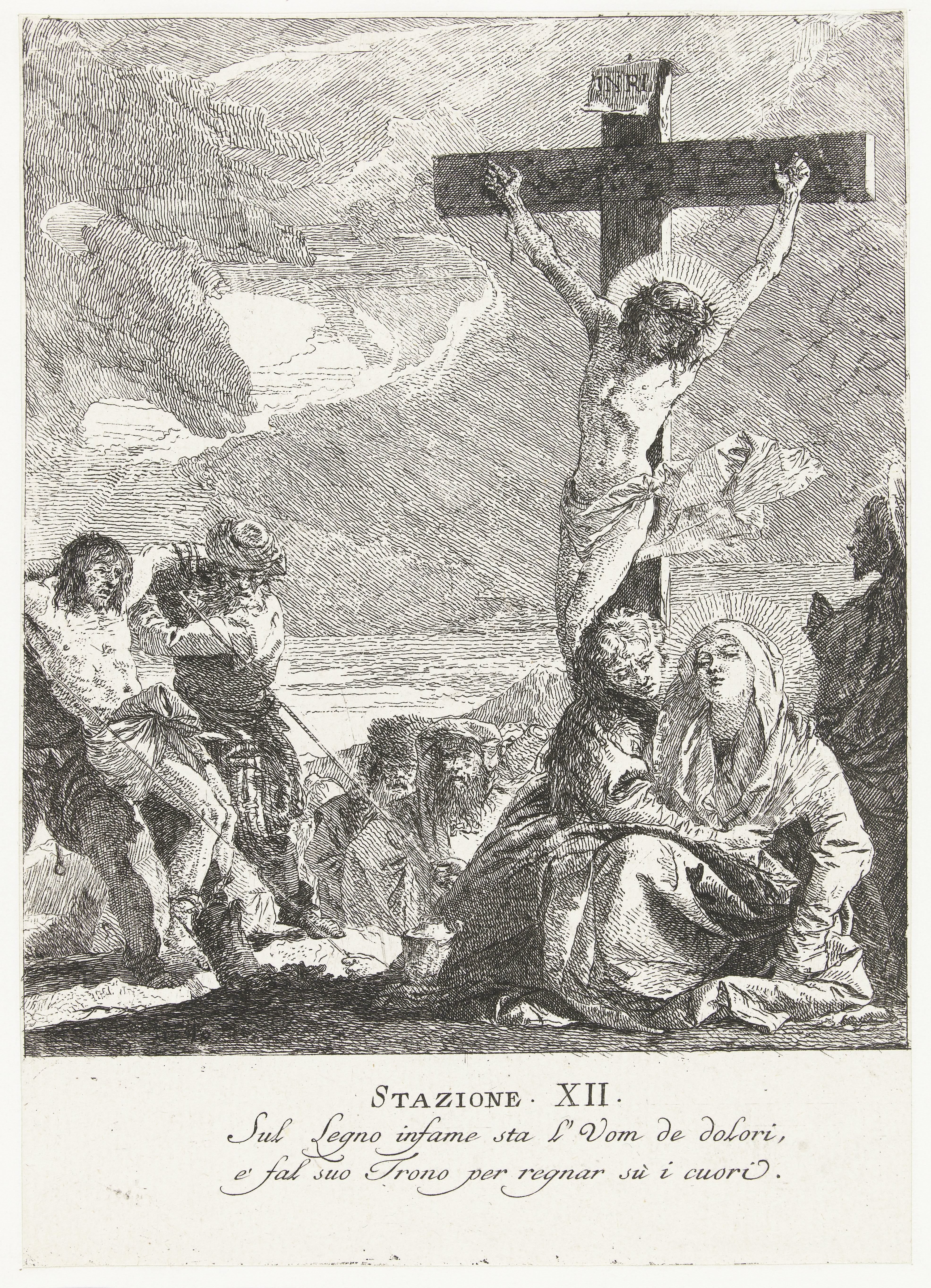Christus aan het kruis en Maria ondersteund door Johannes tussen omstanders op Calvarieberg