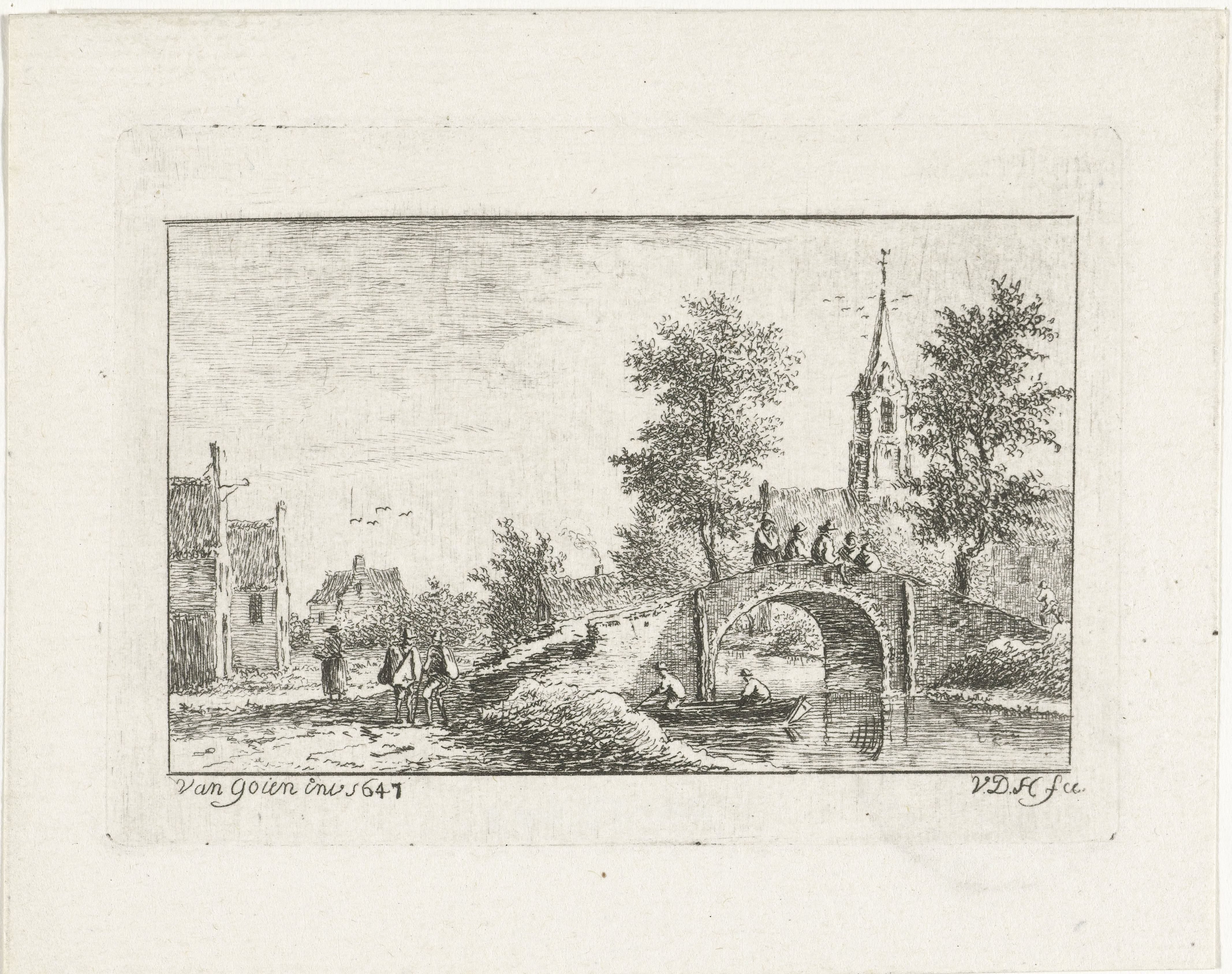 Dorpsgezicht met stenen bruggetje