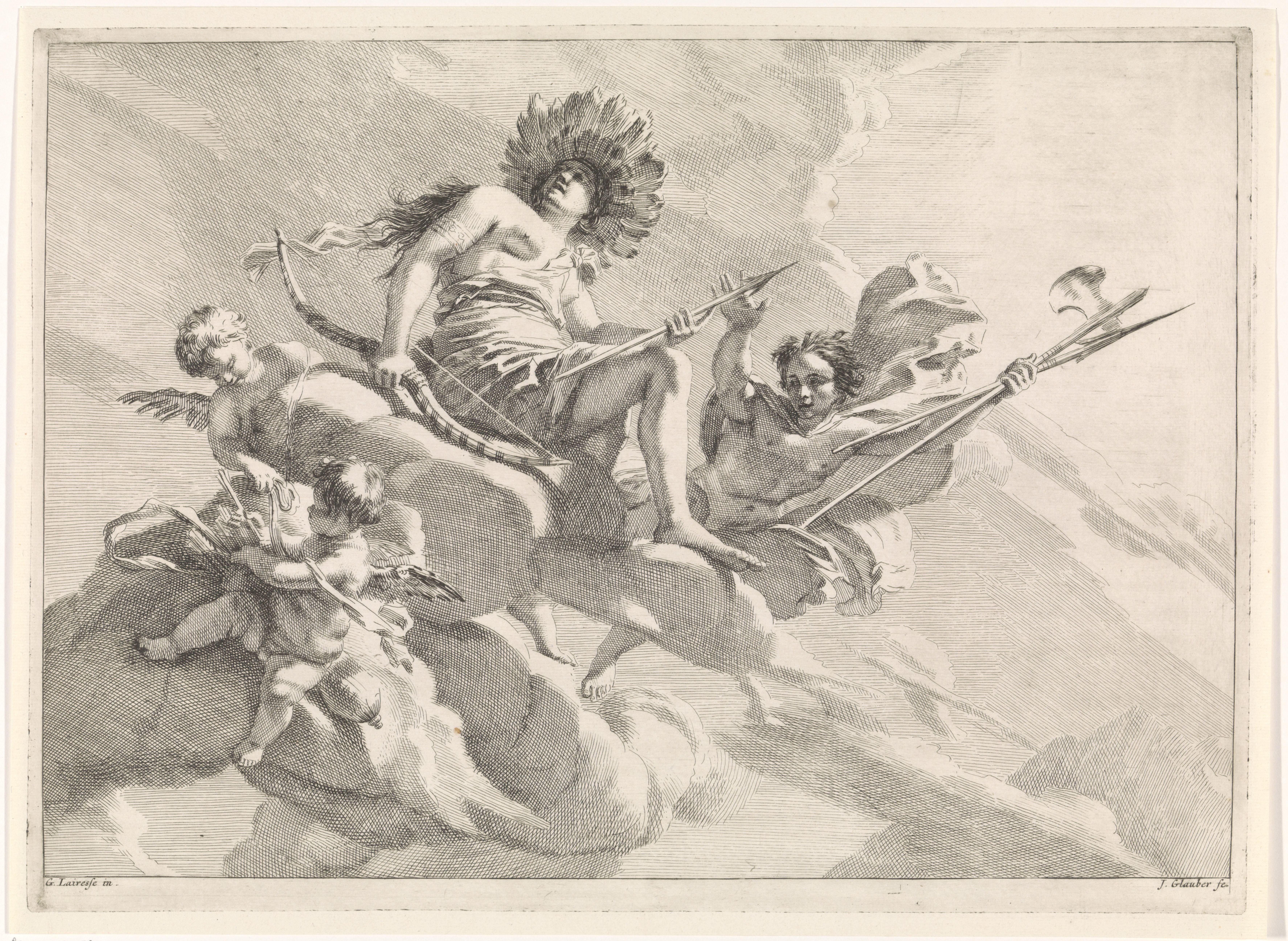 Diana met pijl en boog op een wolk