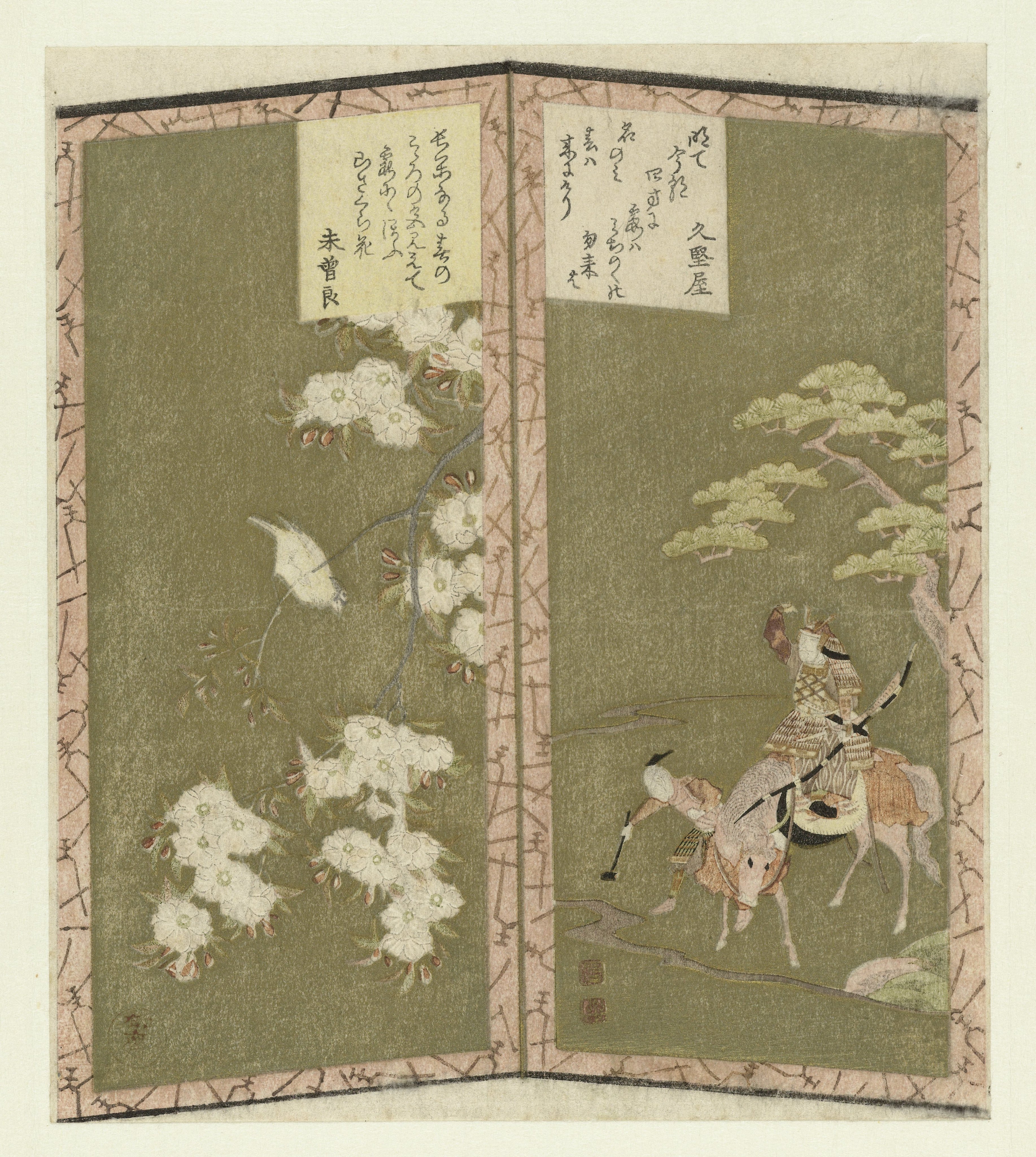 Strijder Minamoto no Yoshiie te paard en vogel op tak