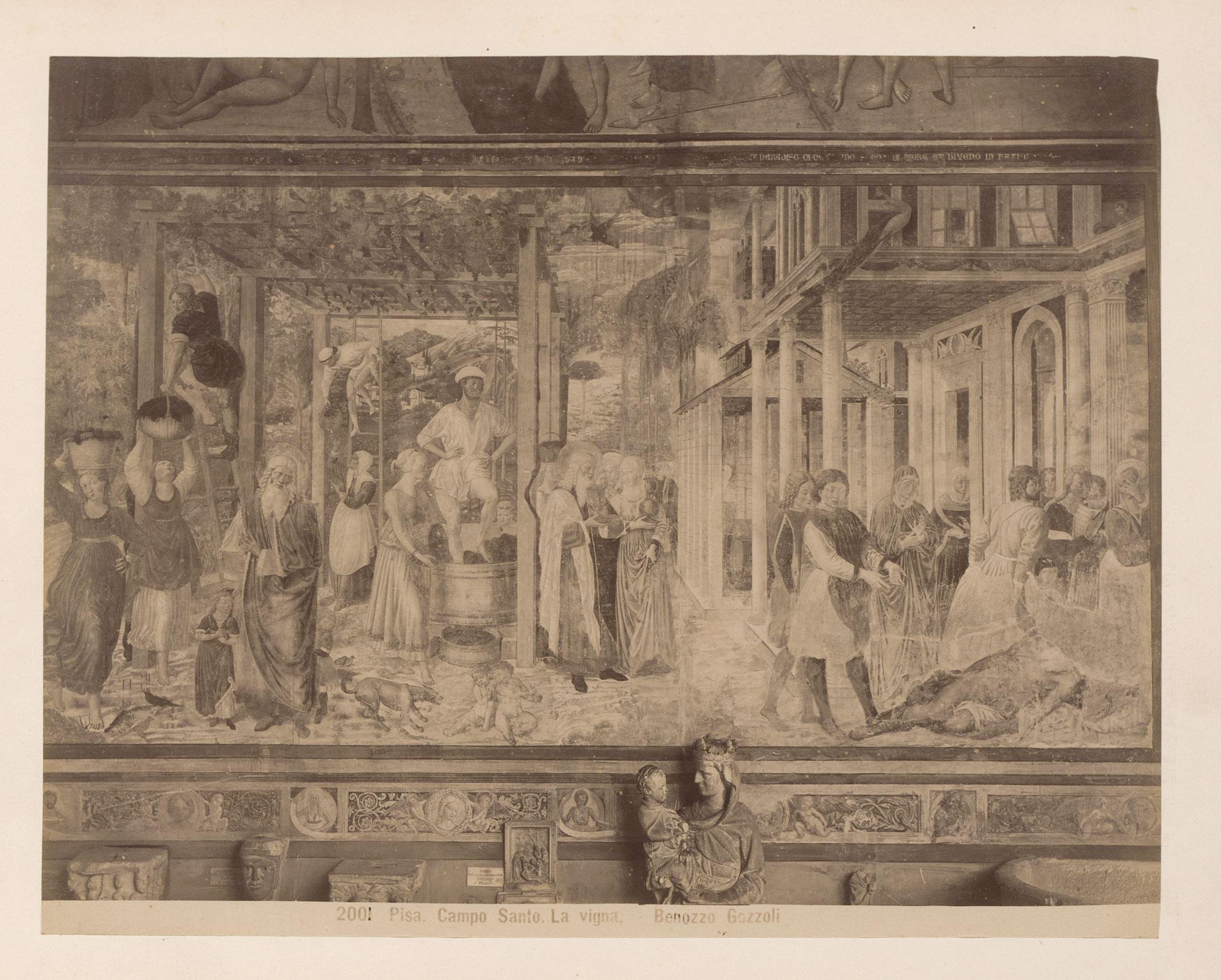 Fotoreproductie van het fresco De dronkenschap van Noach naar Benozzo Gozzoli in het Camposanto te Pisa, Italië