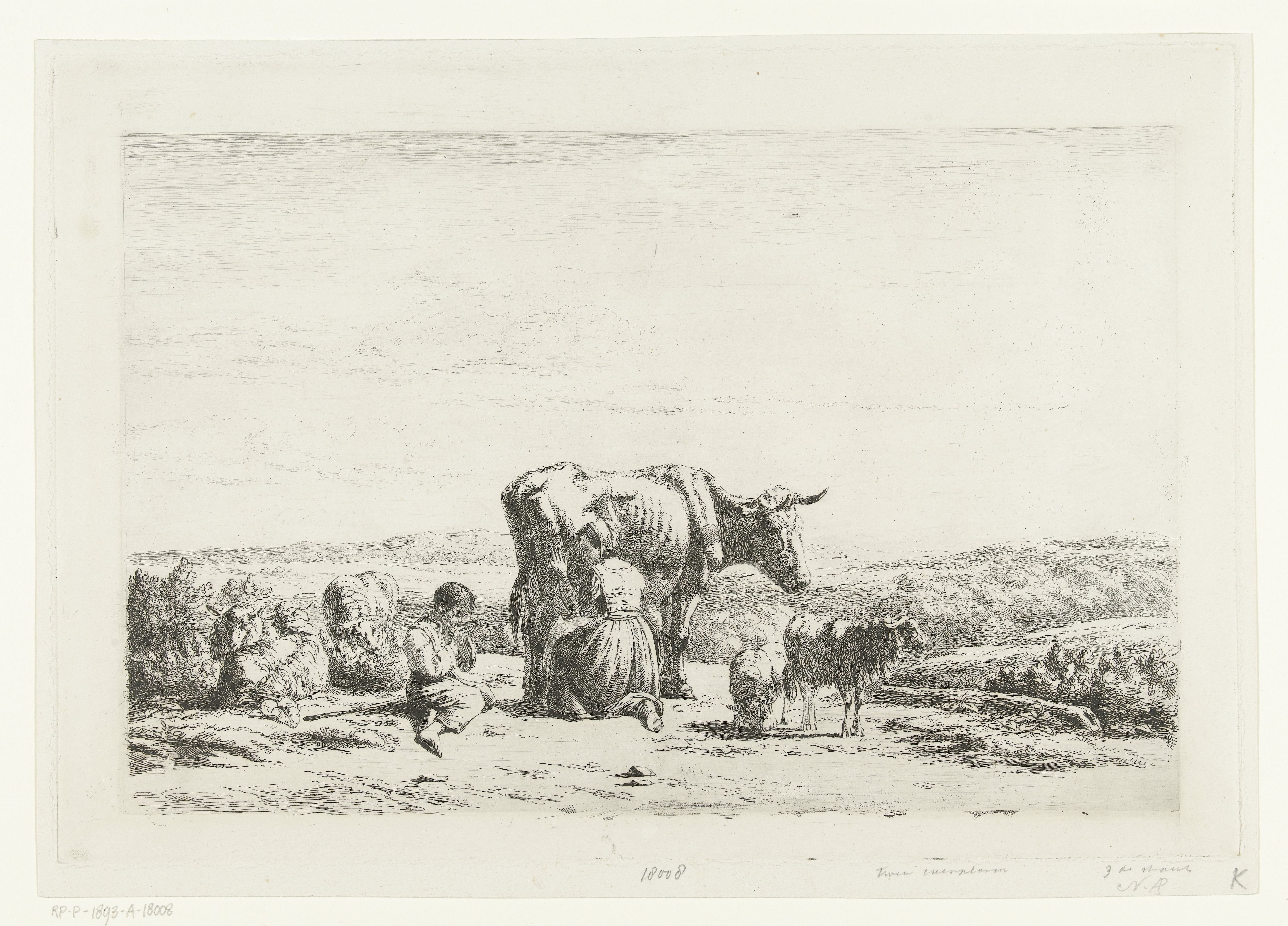 Landschap met vrouw die koe melkt en jongen met schapen