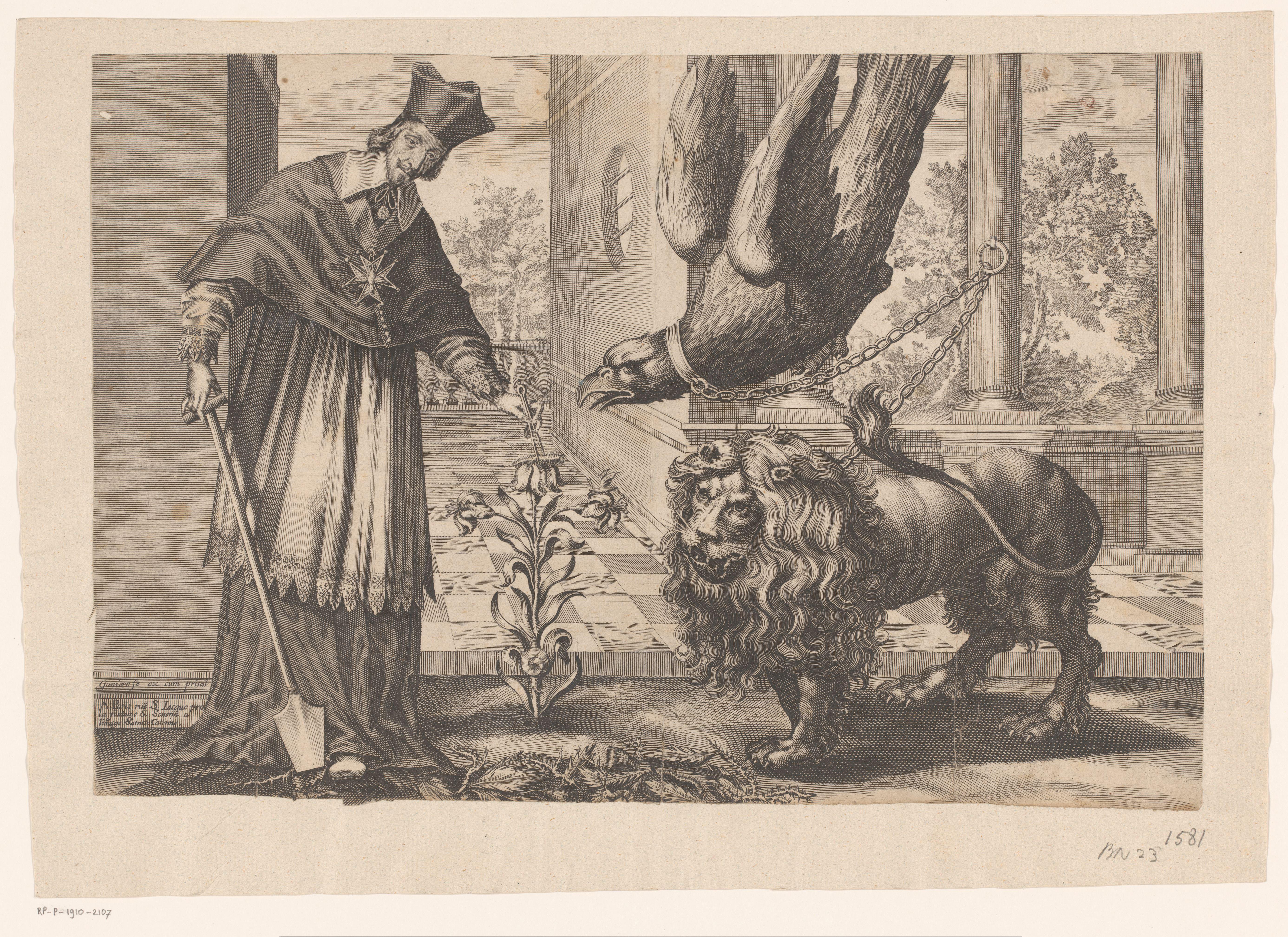Armand-Jean du Plessis hertog van Richelieu verwijdert rupsen van een lelie