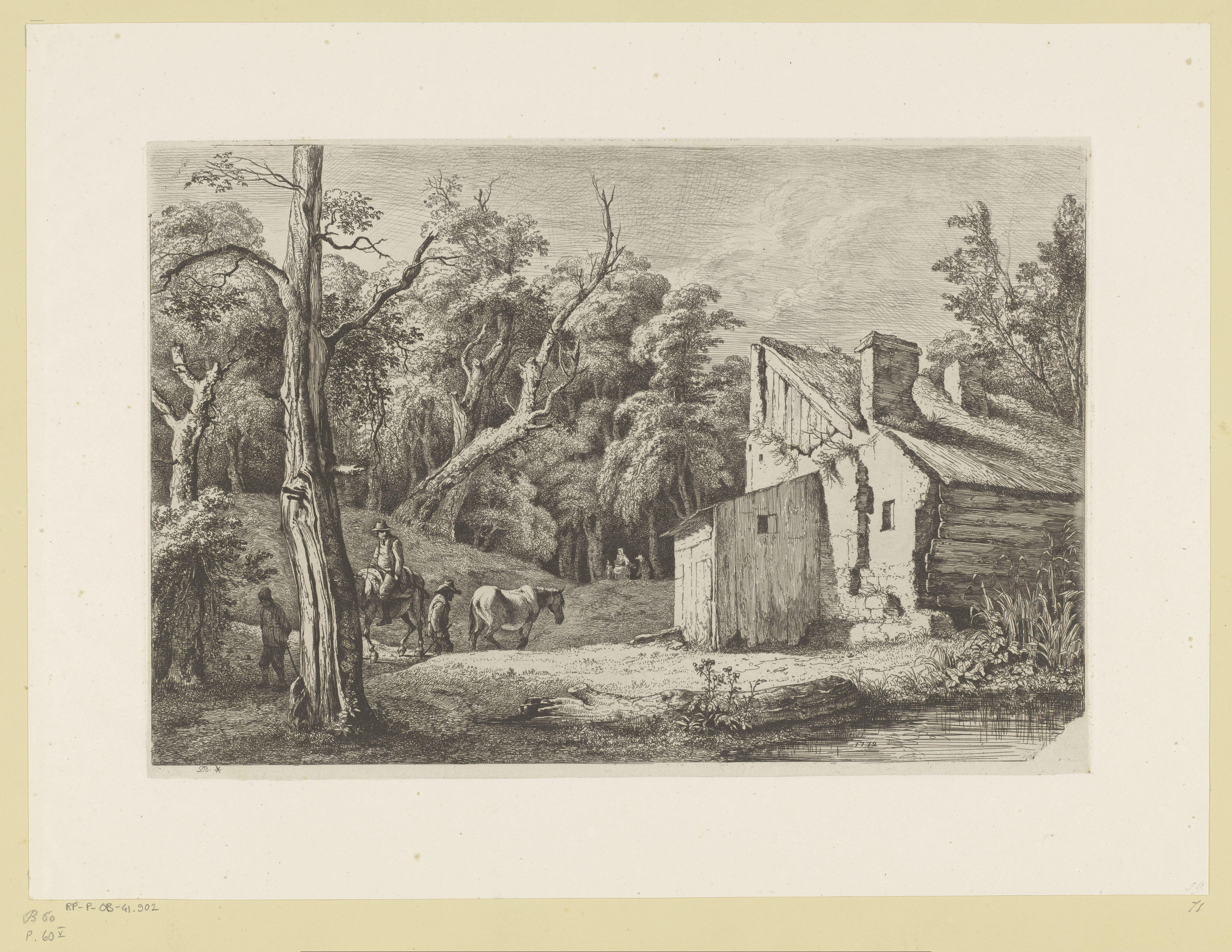 Landschap met figuren voor een huis aan de rand van een bos