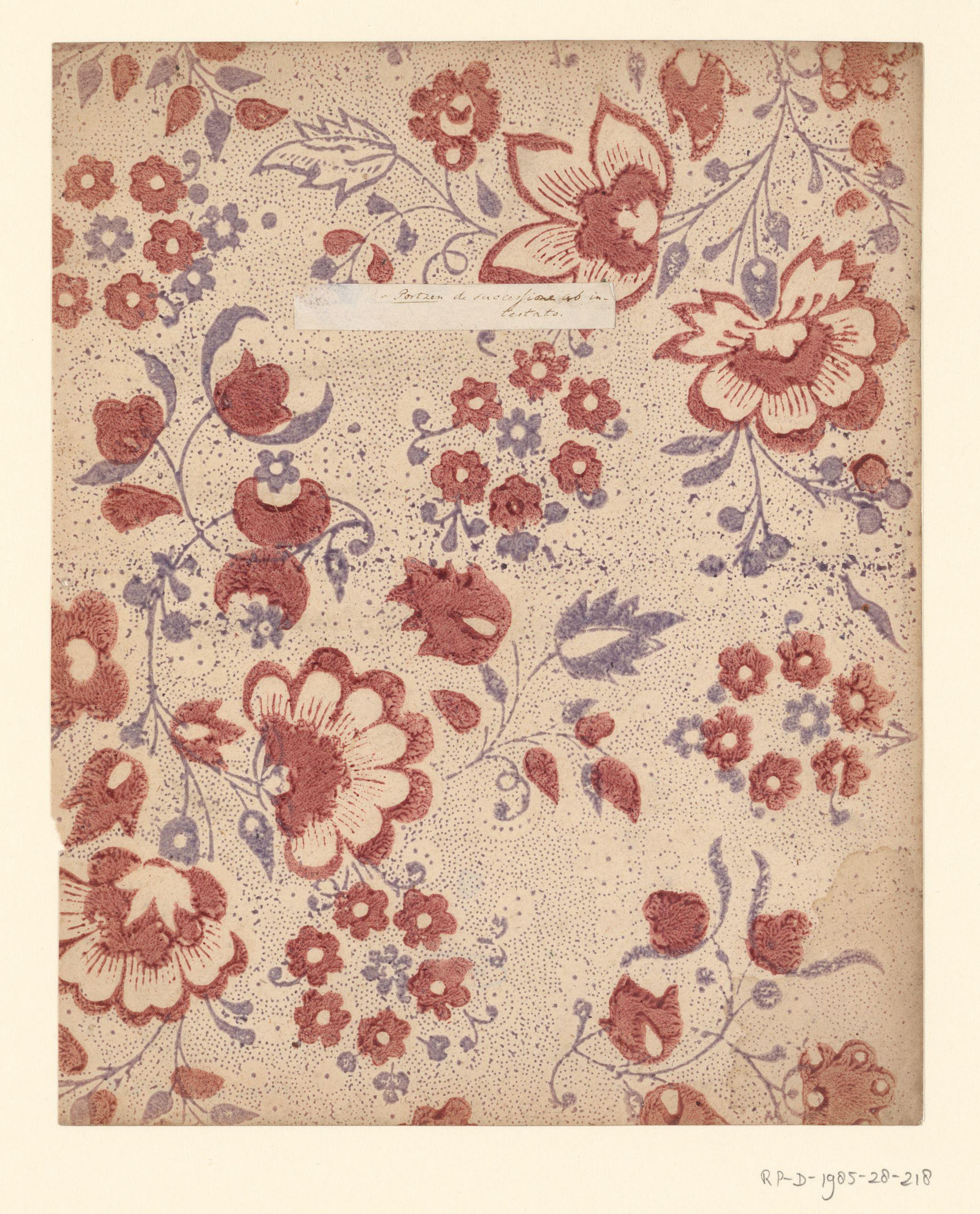 Blad met strooipatroon van bloemen en vruchten met puntenfond