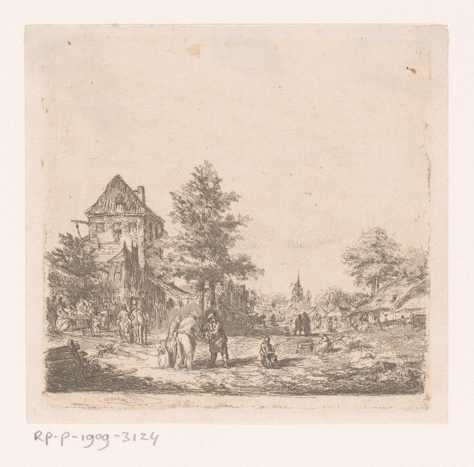 Dorpsgezicht met veel mensen op straat en een kerk op de achtergrond