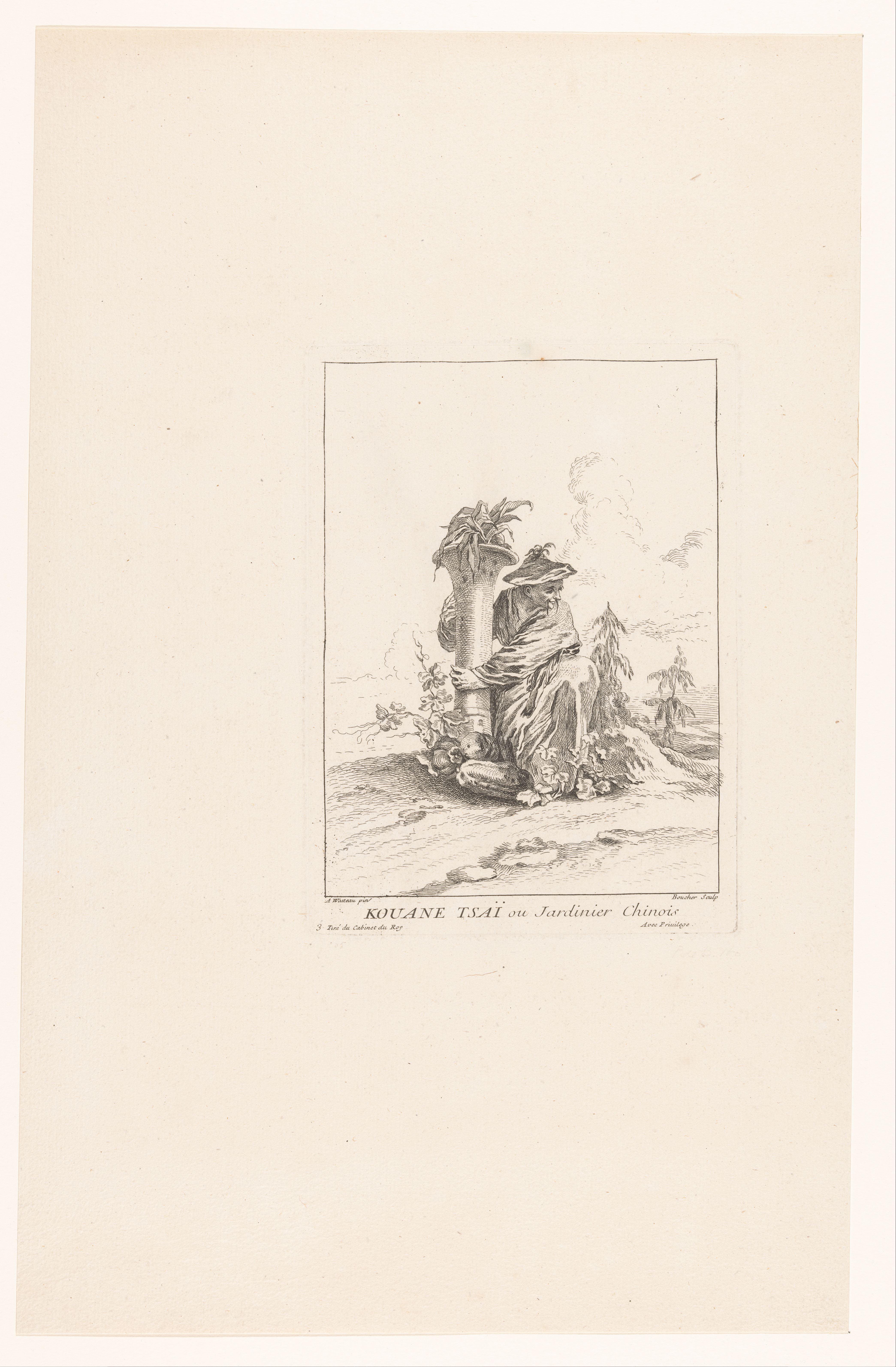 Chinese tuinman, zittend in een landschap