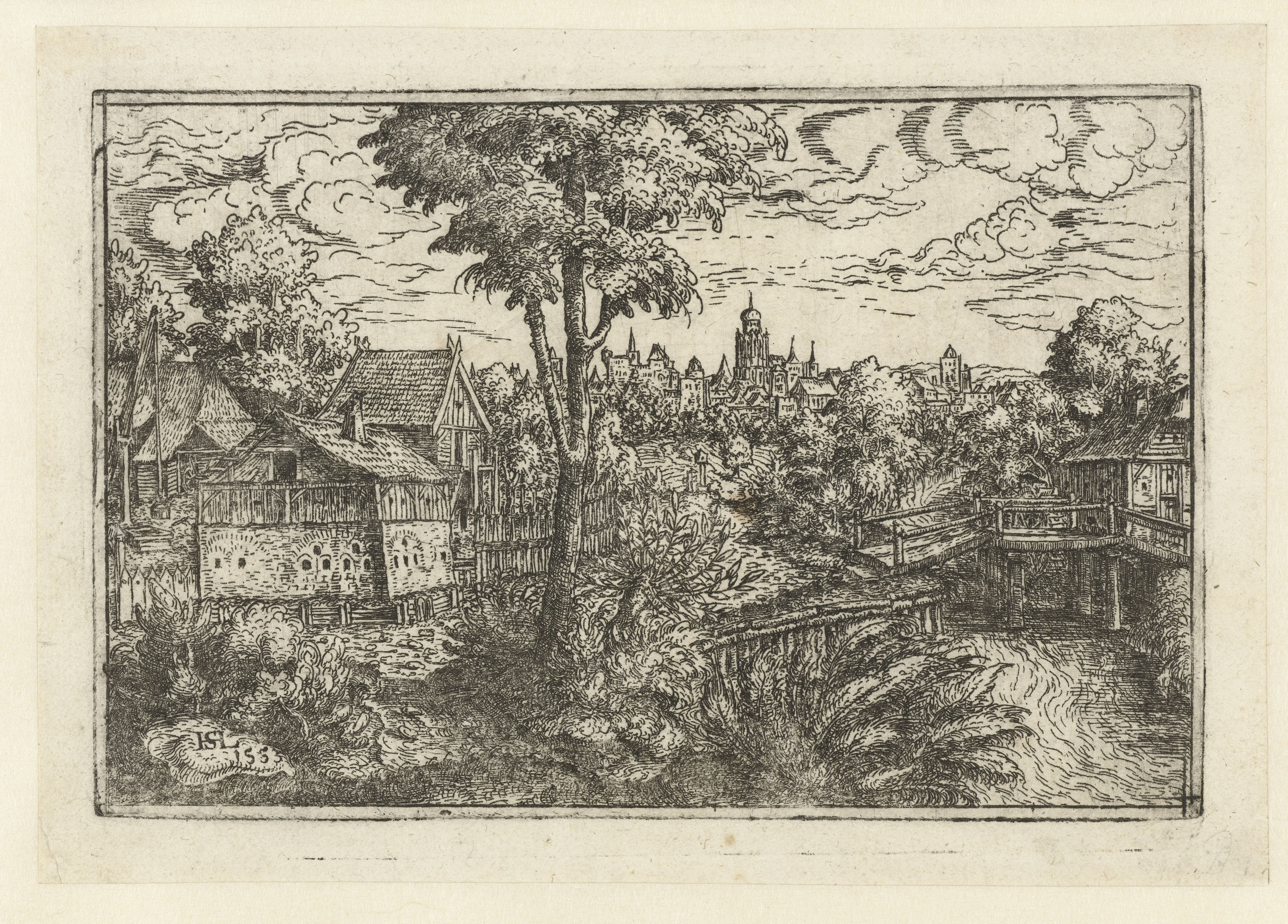 Landschap met boerderij en houten brug