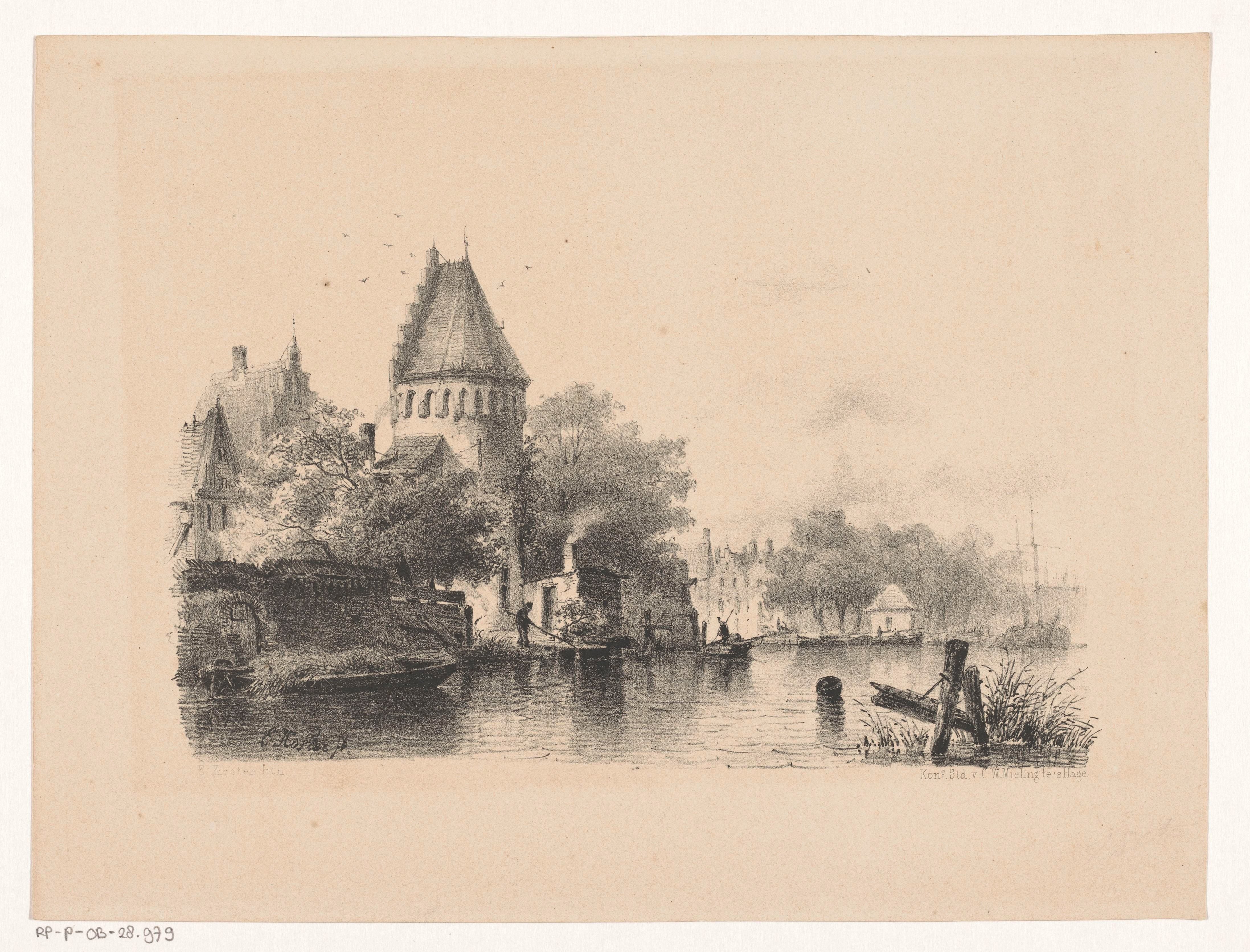 Kasteeltoren en huizen aan het water