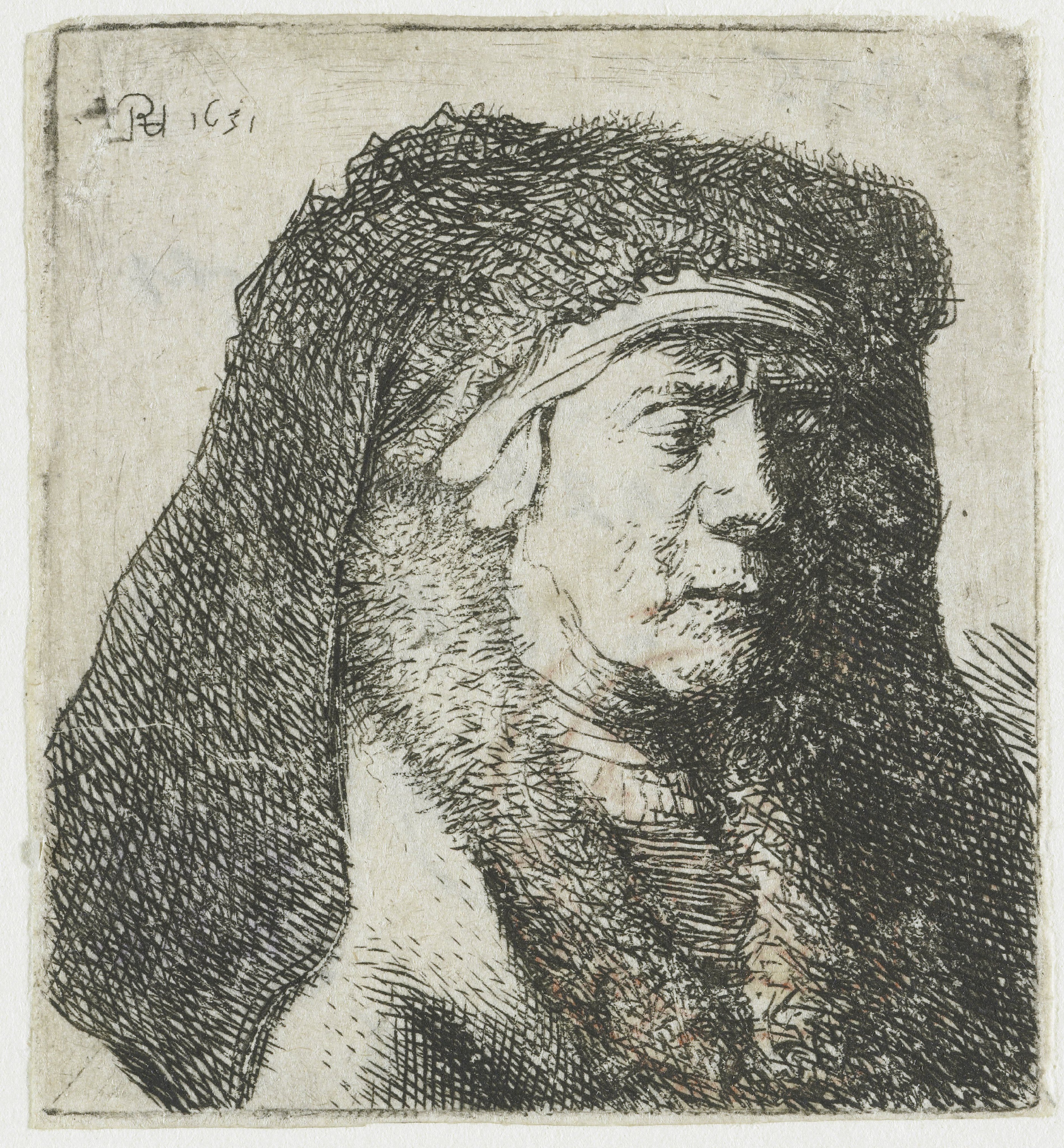 Bust of an old woman in a furred cloak and heavy headdress