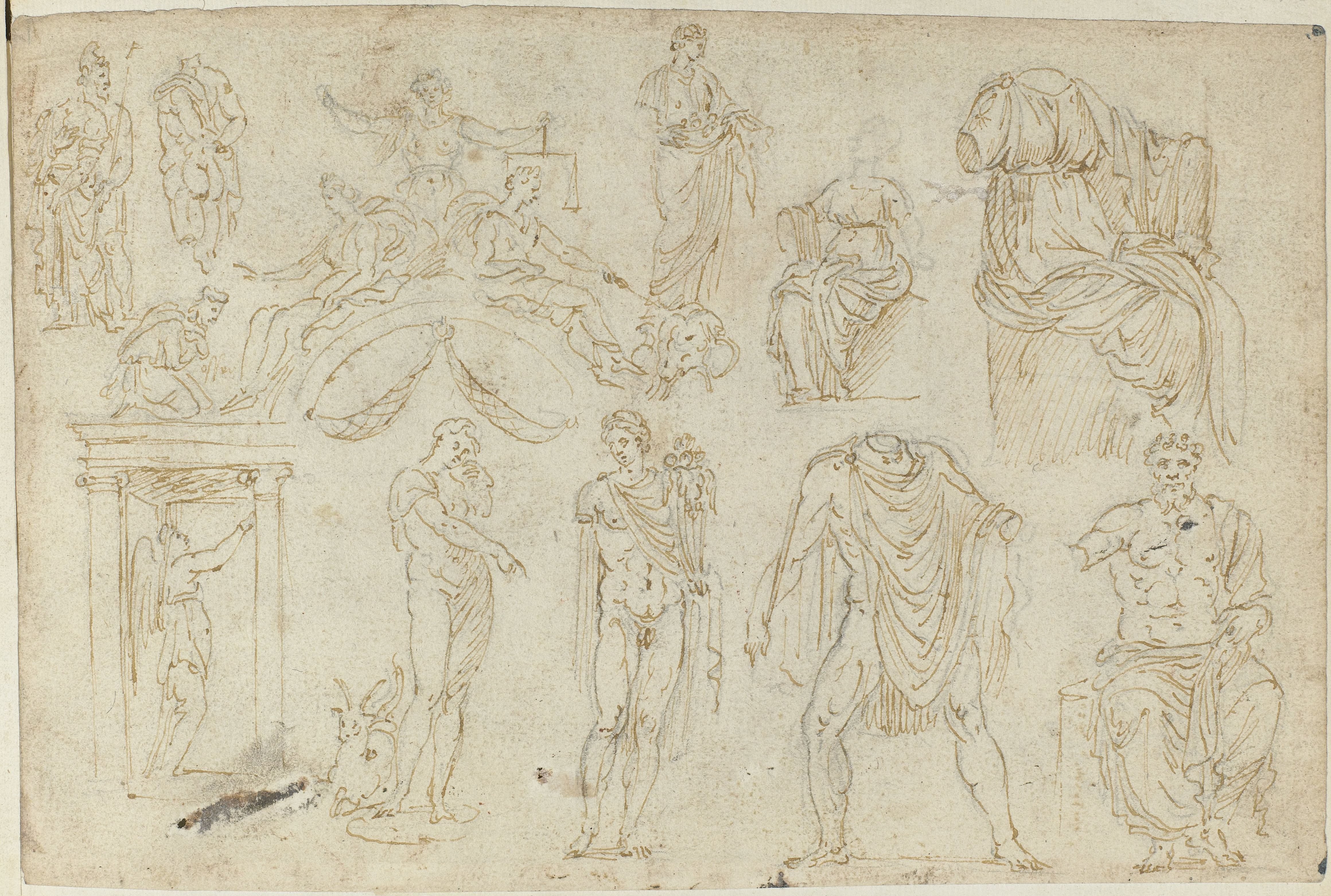 Beelden, een tekening en een fresco