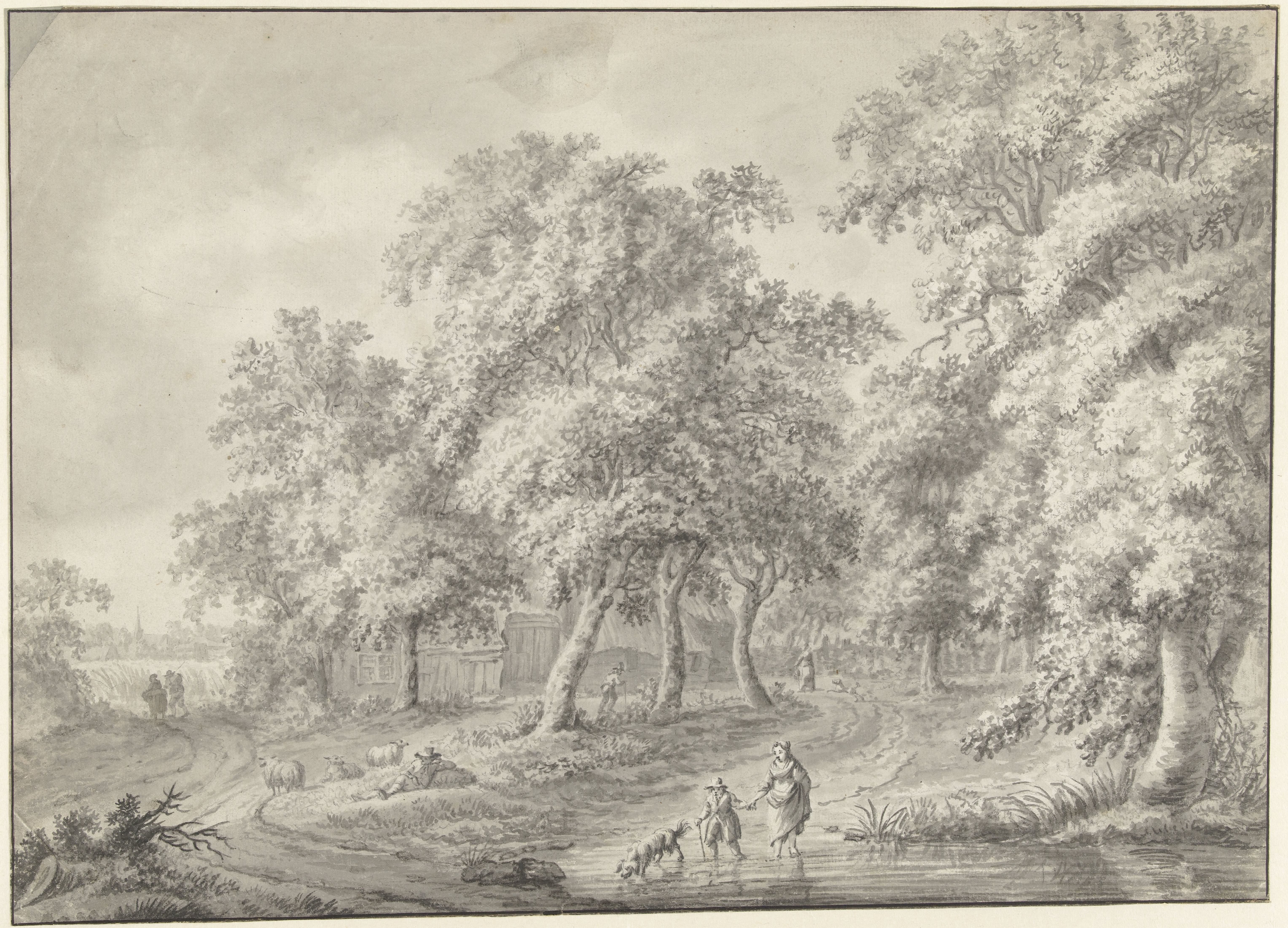 Landschap met moeder en kind met hond wadend door een poel