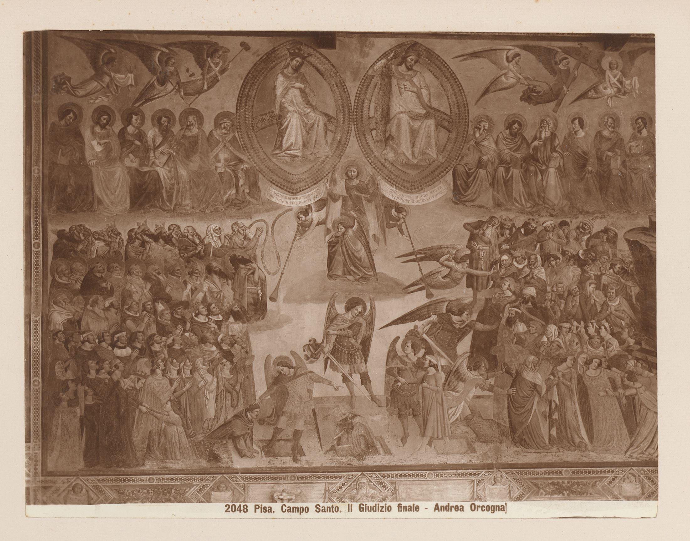 Fotoreproductie van het fresco Het laatste oordeel naar Andrea di Cione, genaamd Orcagna, in het Camposanto te Pisa, Italië