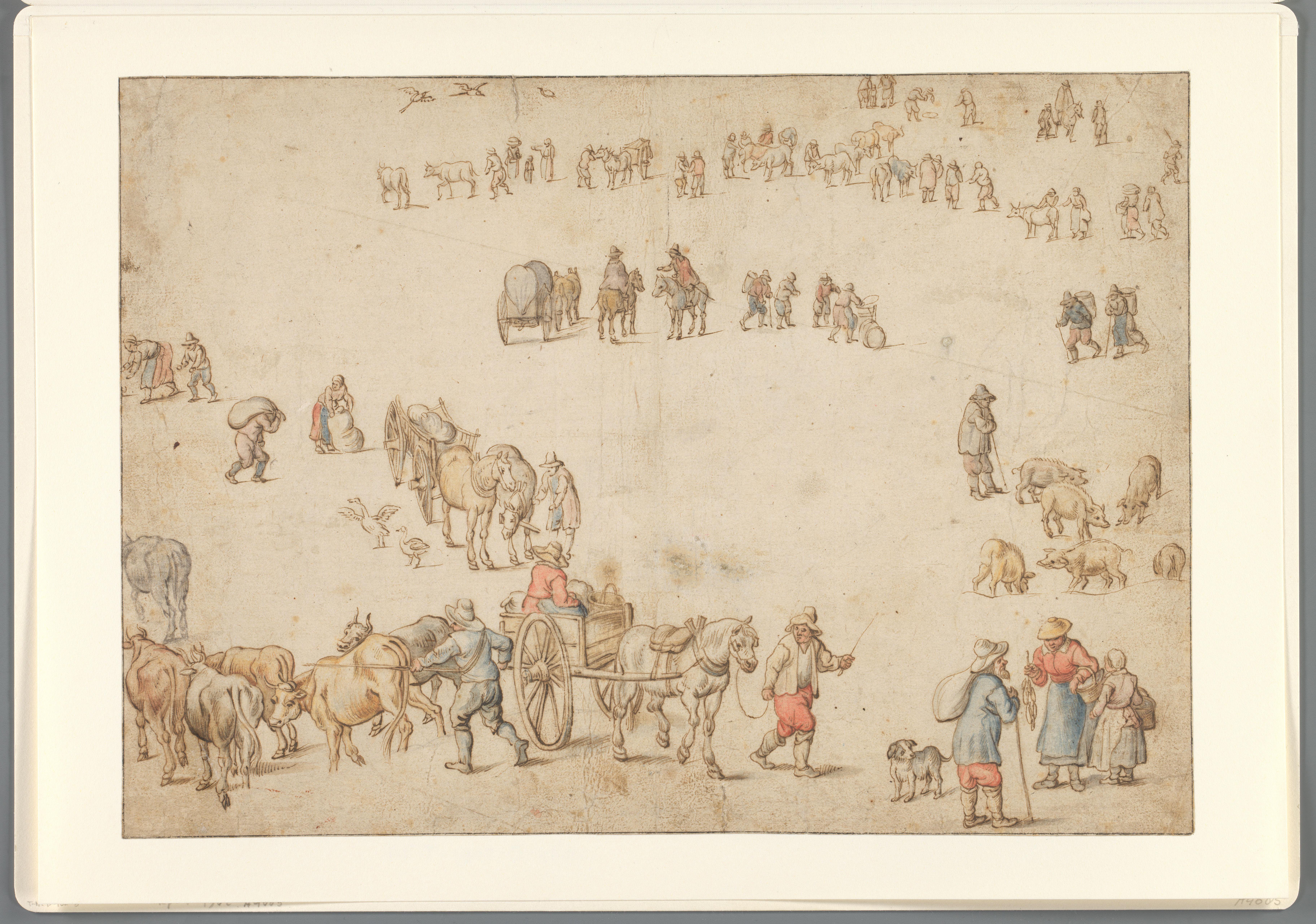 Studieblad met boerenwagens, vee, landlieden en ruiters