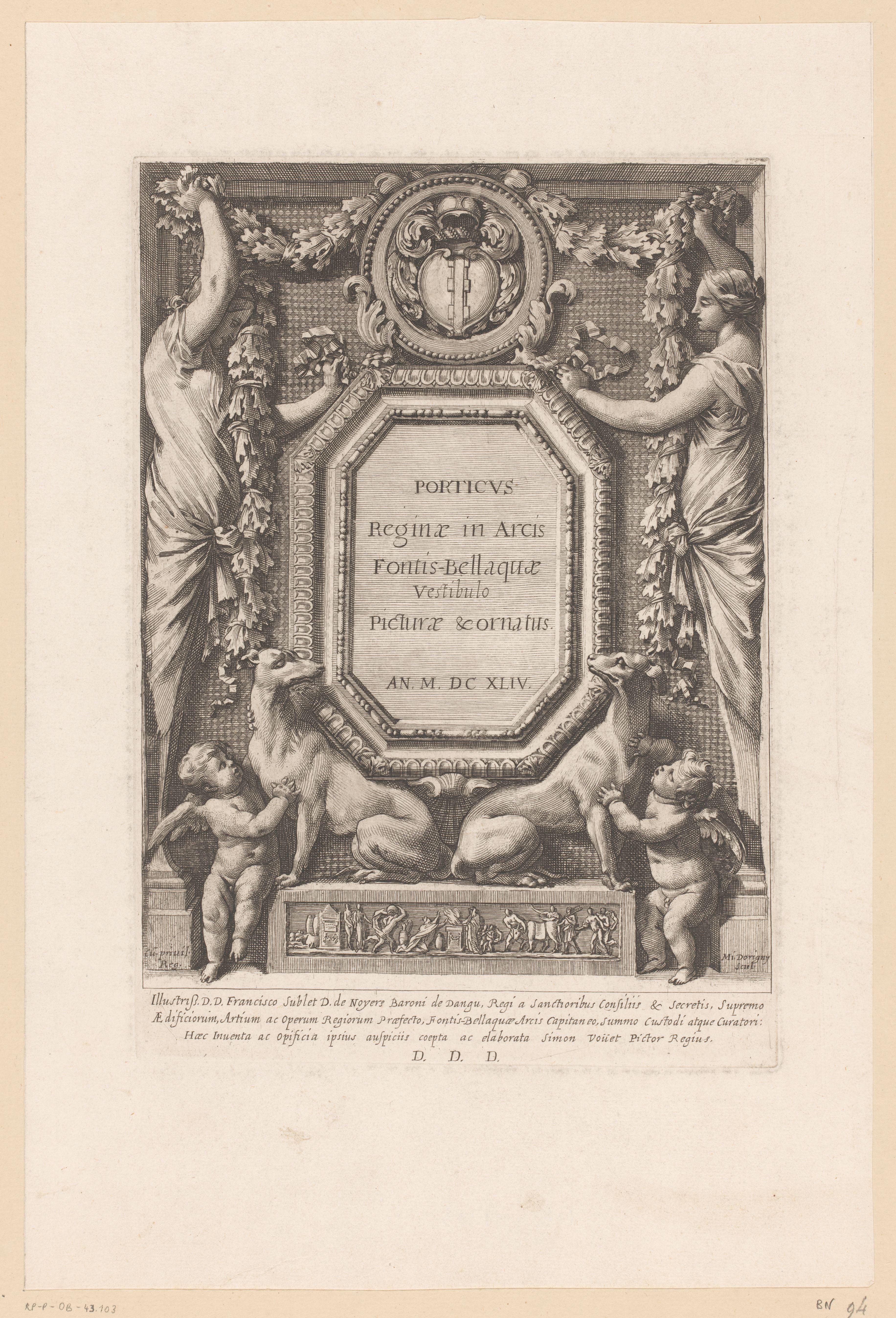 Titelprent met kariatiden, putti en honden in een omlijsting