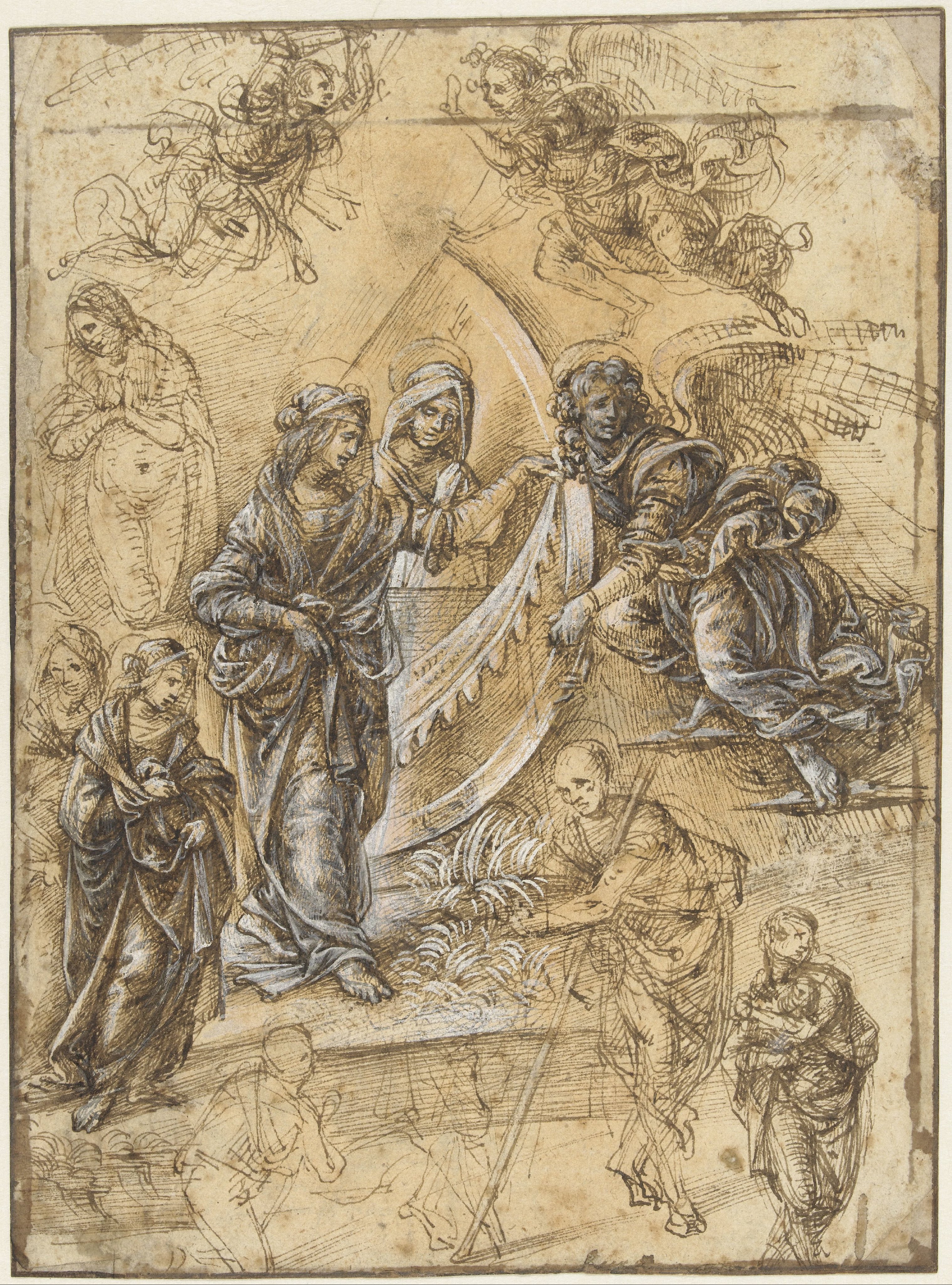 Studieblad met Madonna, heiligen, engelen en figuren uit de Aanbidding der herders