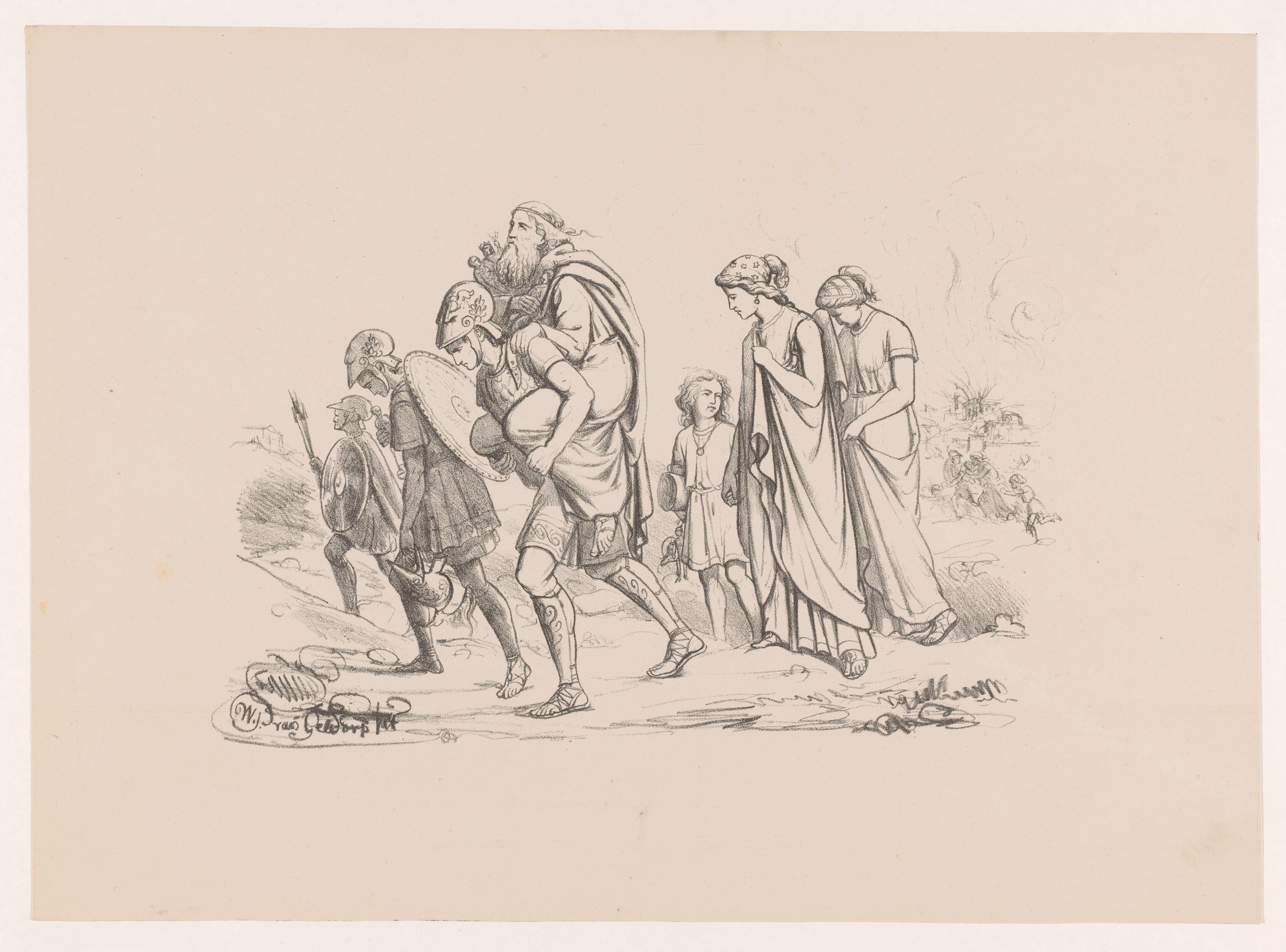 Aeneas vlucht met zijn familie uit Troje
