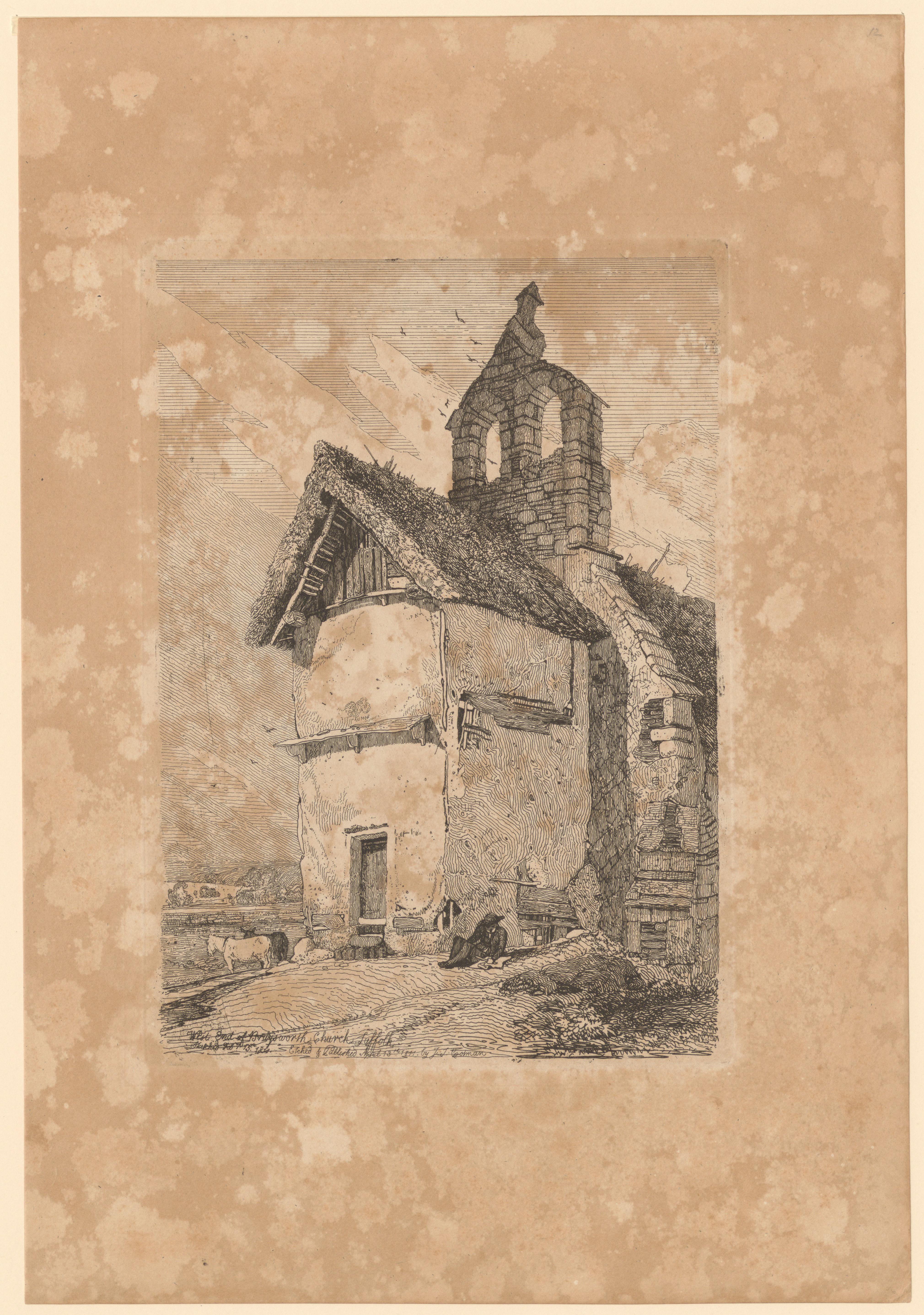 Man zit bij de kerk van Braiseworth, rechts twee ezels