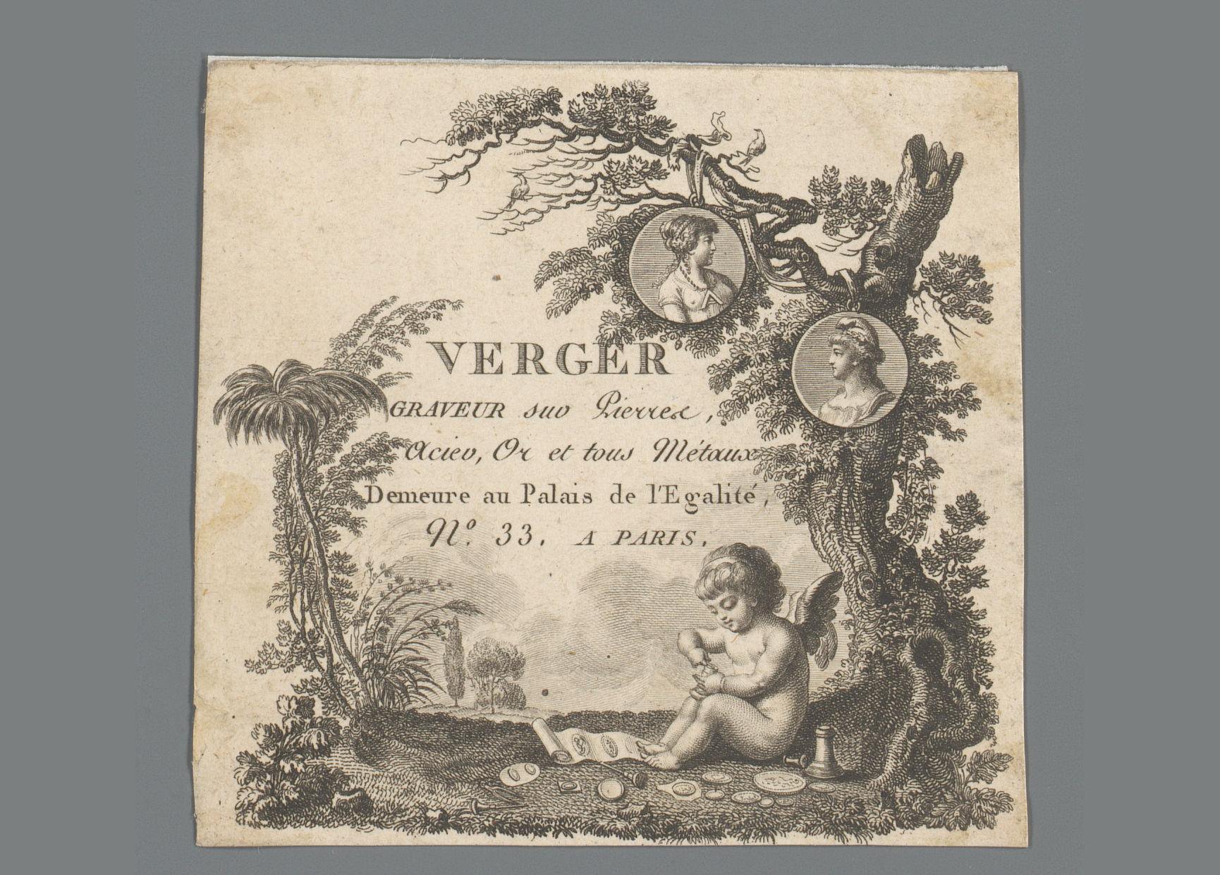 Adreskaart van metaal - en steengraveur Verger te Parijs