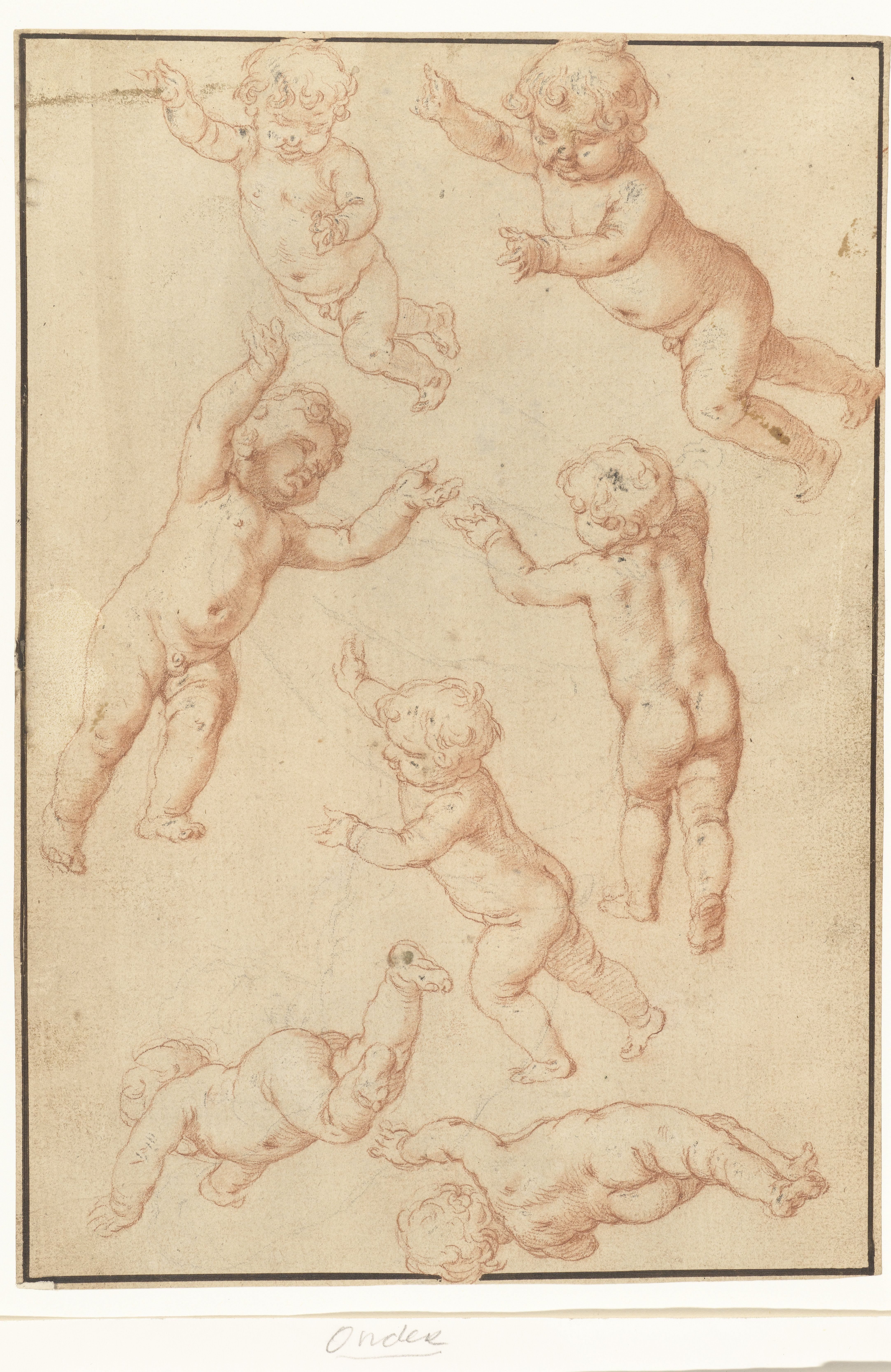 Studieblad met zeven zwevende putti