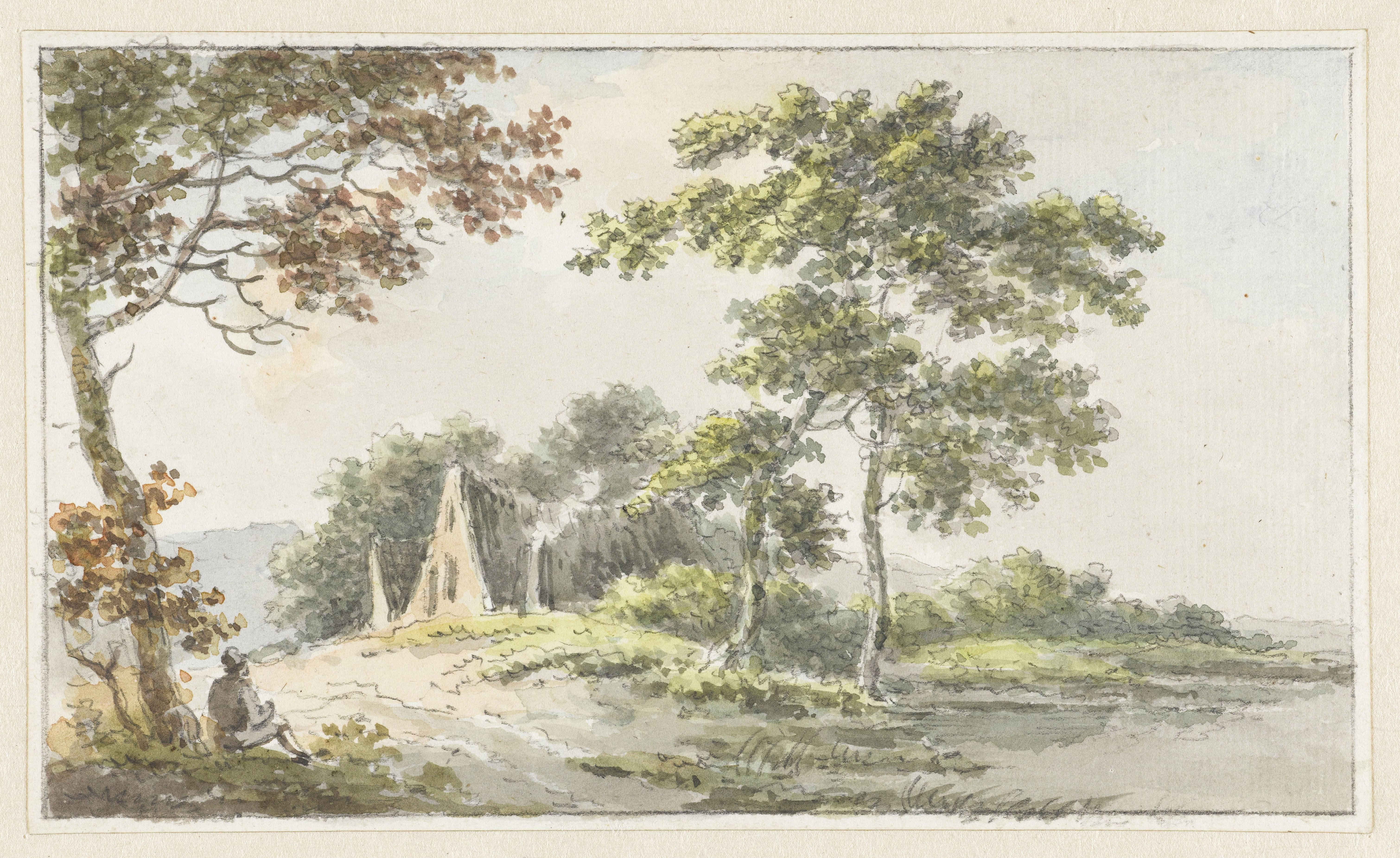 Landschap met rustende wandelaar